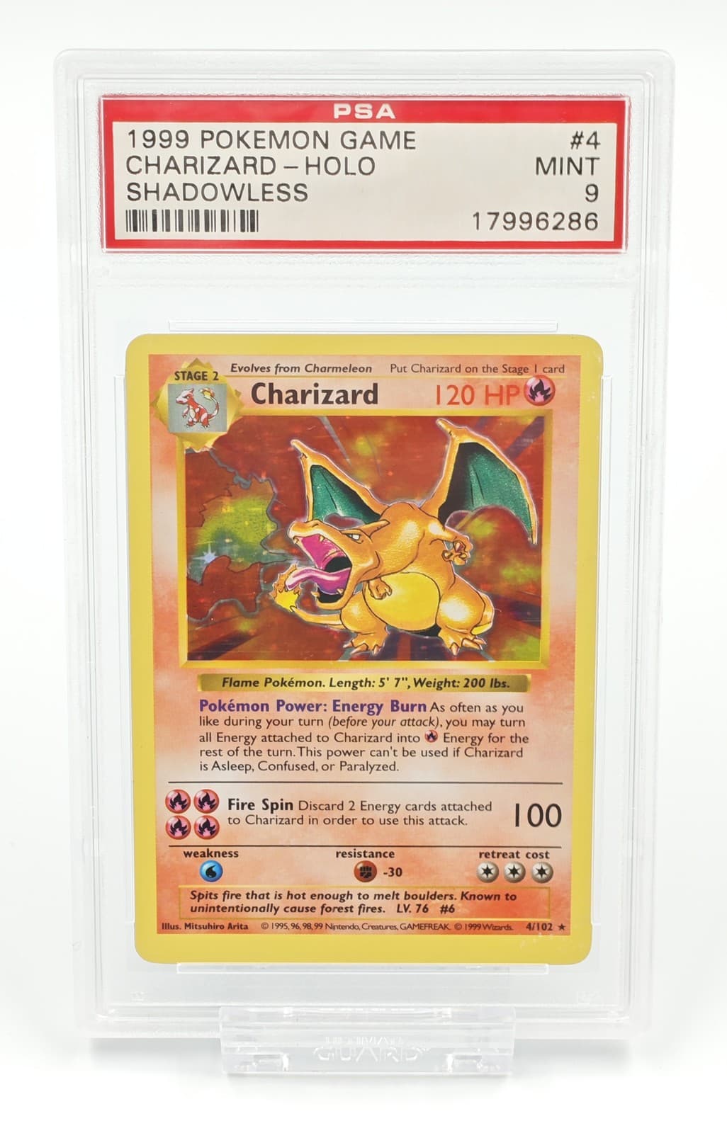 1999 POKEMON GAME BASE SET #4 SHADOWLESS CHARIZARD-HOLO PSA 9