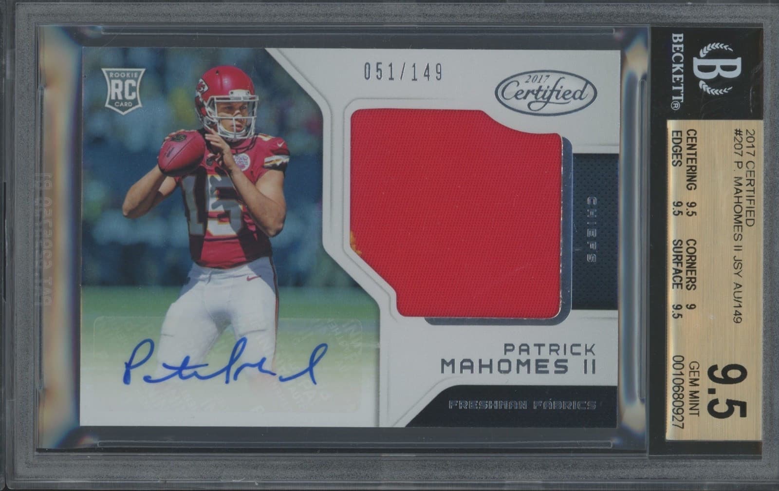 2017 Panini Certified Patrick Mahomes II /149 Jersey RC Gem Mint BGS 9.5 10 Auto