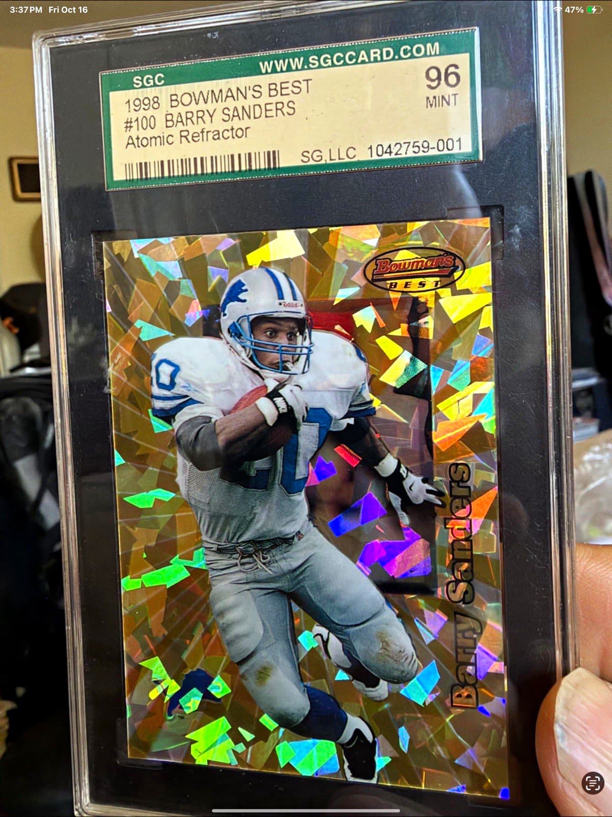 1998 Bowman's Best Barry Sanders #100 Atomic Refractor /100 SGC 96 Mint