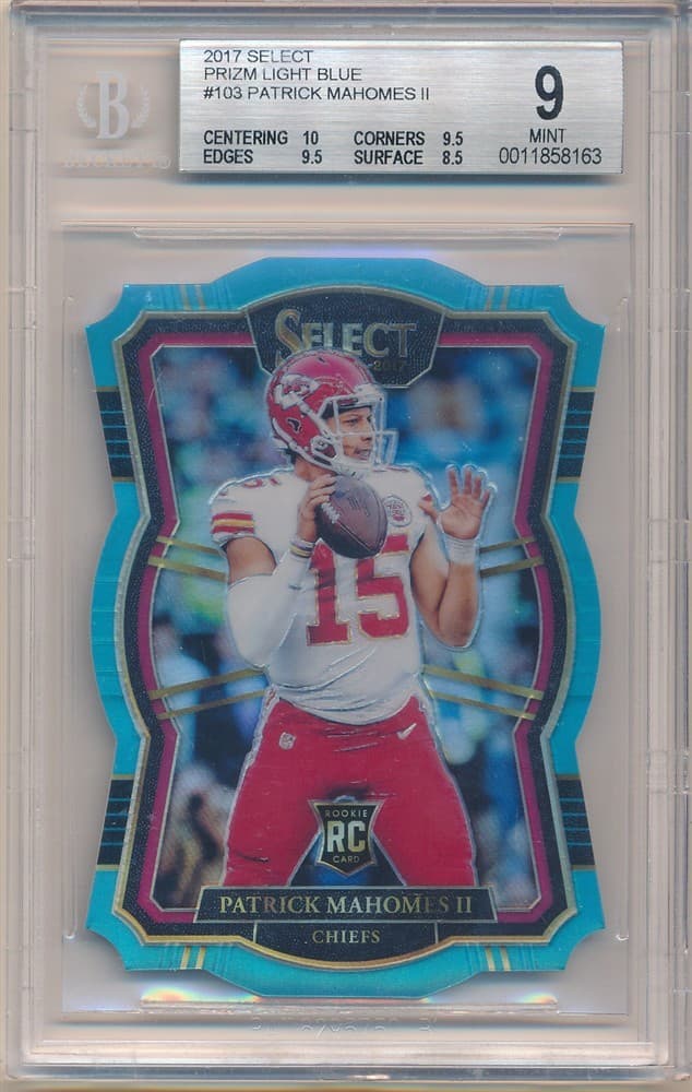 Patrick Mahomes 2017 Select #103 Rc Light Blue Die Cut Prizms #17/99 Bgs 9 Mint