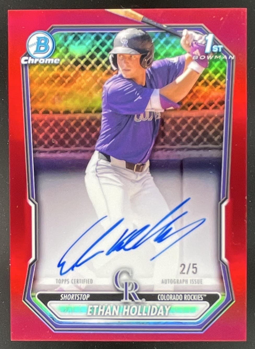 2026 Bowman Chrome Ethan Holliday Red Refractor Auto 1st Prospect #2/5 Rockies