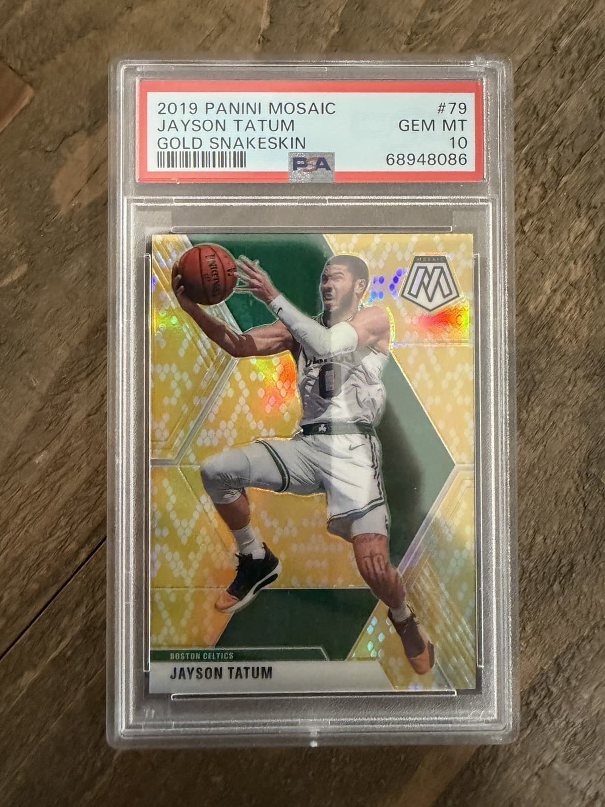 2019-20 Panini Mosaic Jayson Tatum #79 Gold Snakeskin Prizm 1/8 PSA 10
