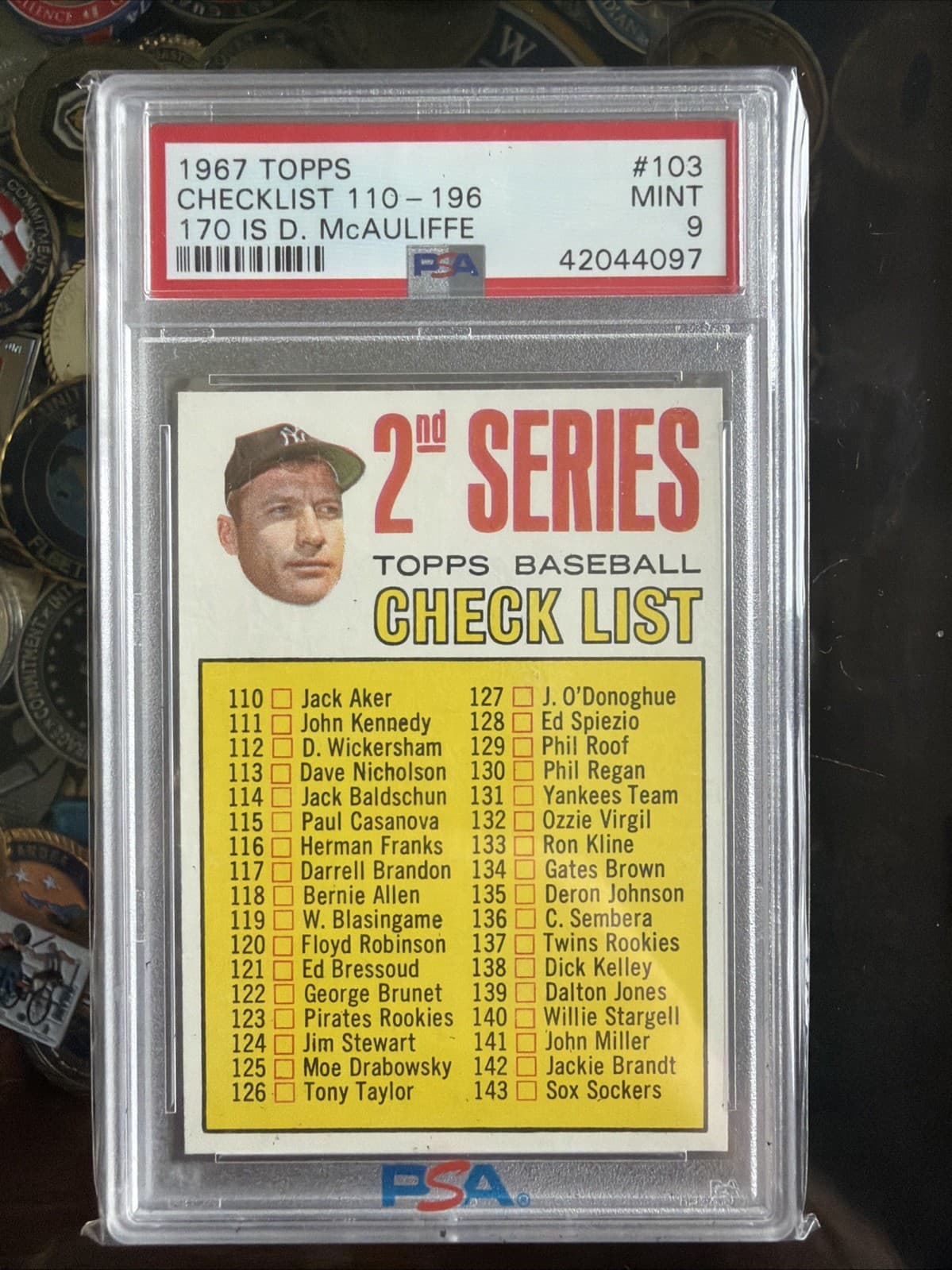 PSA 9 MINT MICKEY MANTLE 1967 TOPPS CHECKLIST 110-196 #103 170 IS D. MCAULIFFE