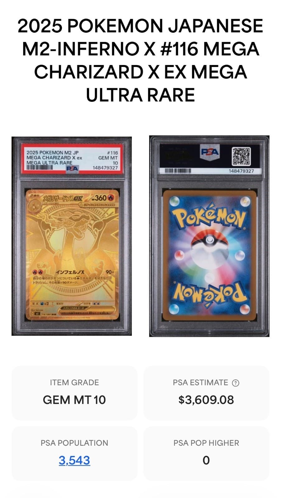 PSA 10 Mega Charizard X ex MUR 116/080 Inferno X M2 Pokemon Card Japanese 2025