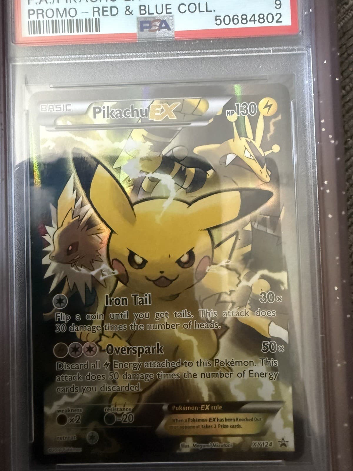 Pokemon Pikachu EX XY124 Promo Card Red Blue, PSA 9 Mint