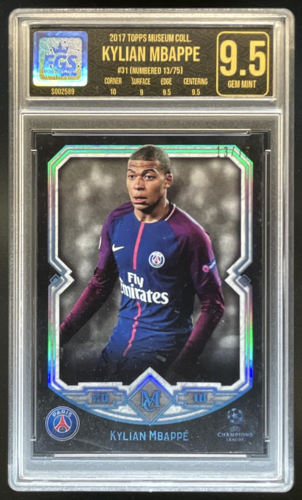 2017 Topps Museum Collection UEFA Kylian Mbappe Sapphire #/75 PSG EGS 9.5