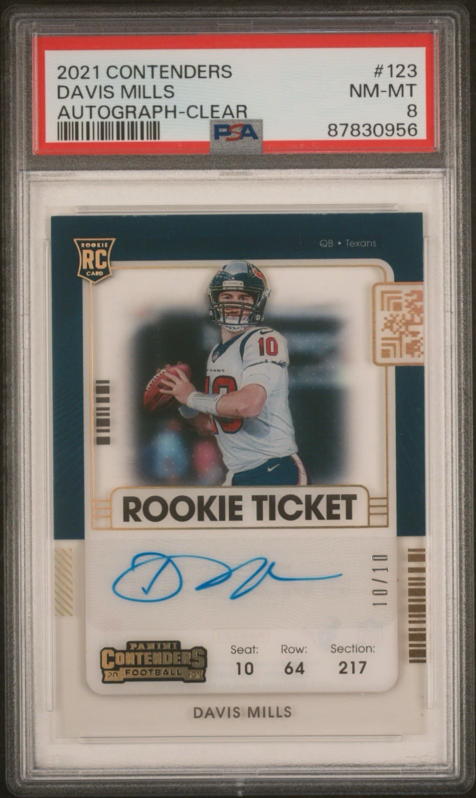 2021 Panini Contenders #123 Davis Mills Rookie Ticket RC Clear Auto /10 PSA 8