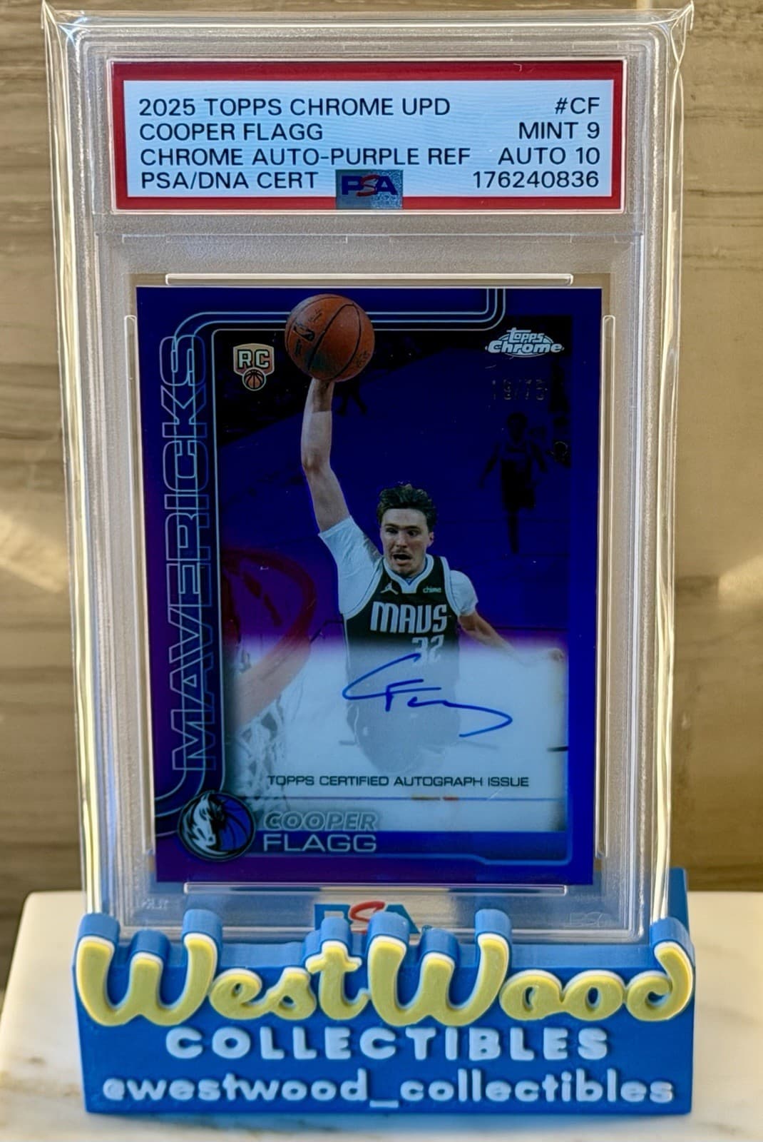 Cooper Flagg 2025 Topps Chrome Update True Purple RC Auto /75 PSA 9/10