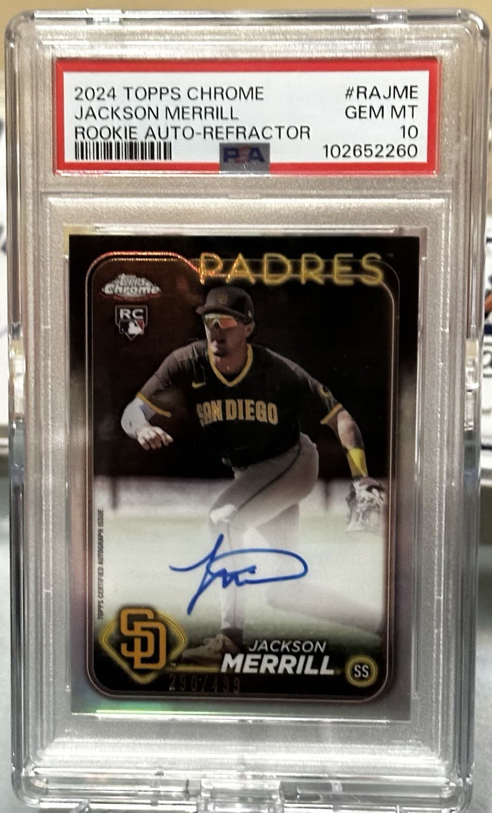 2024 Topps Chrome Rookie Autos Jackson Merrill #RA-JME Refractor /499 PSA 10
