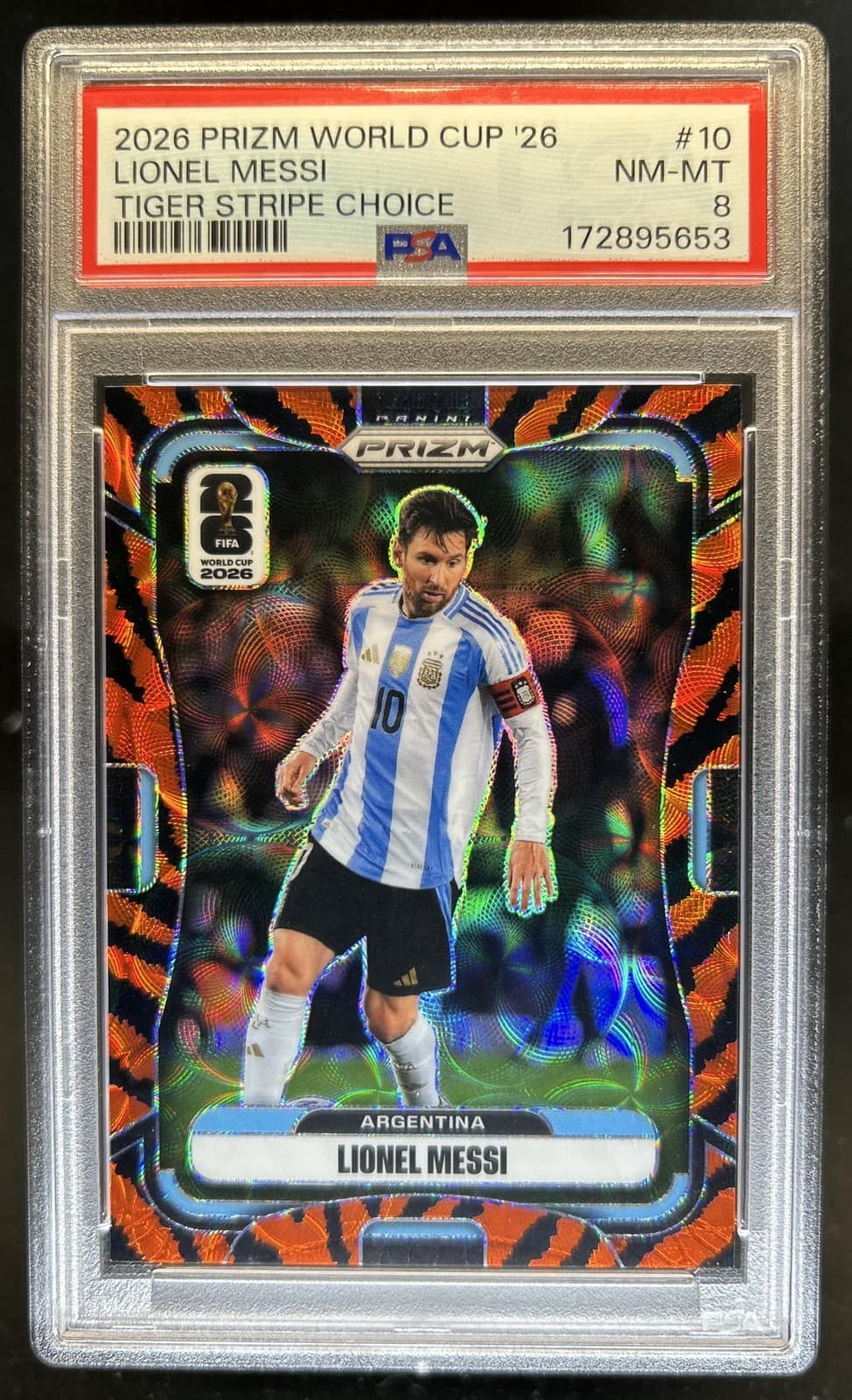2026 Panini Prizm World Cup Lionel Messi Choice Tiger Stripe #10 Argentina PSA 8