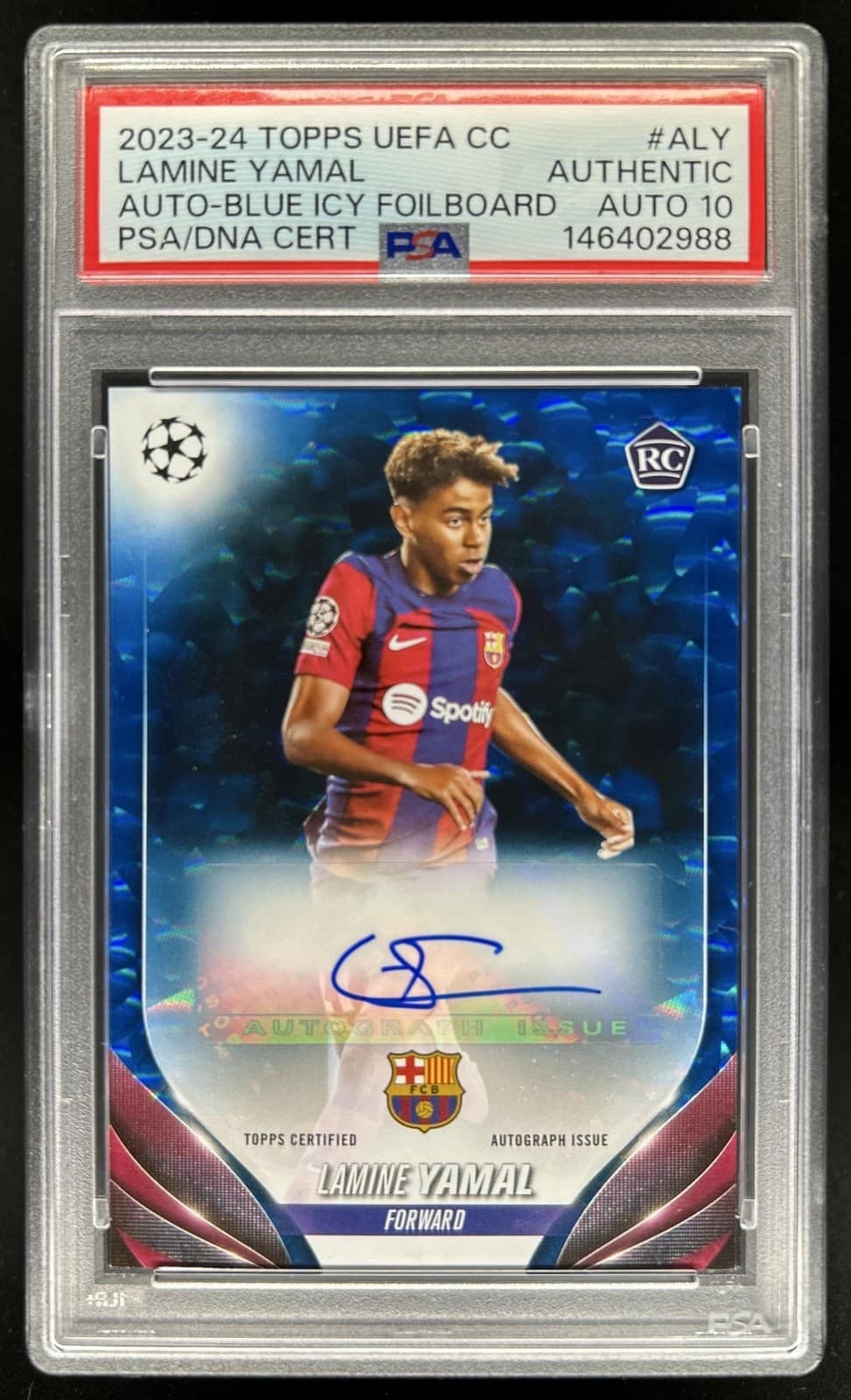 2023-24 Topps UEFA Lamine Yamal Auto RC Blue Icy Foilboard #/99 PSA Authentic 10