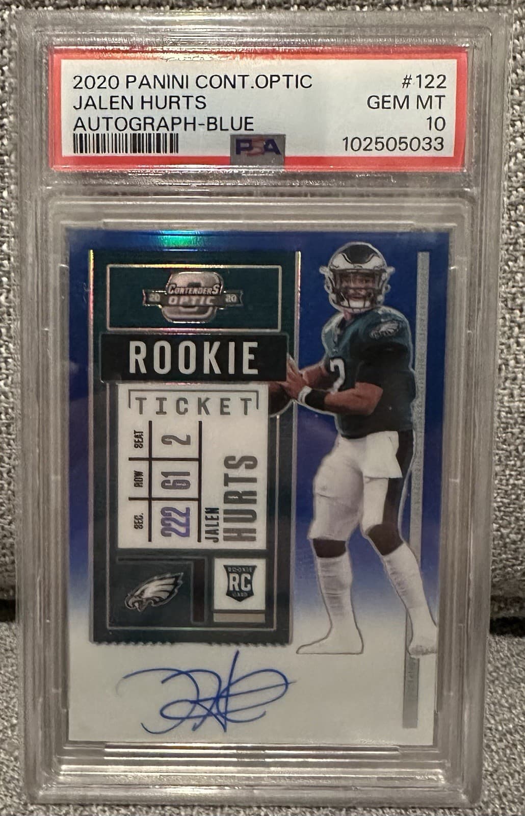Jalen Hurts - 2020 Contenders Optic - Rookie Ticket Auto - Blue /75 - PSA 10 gem