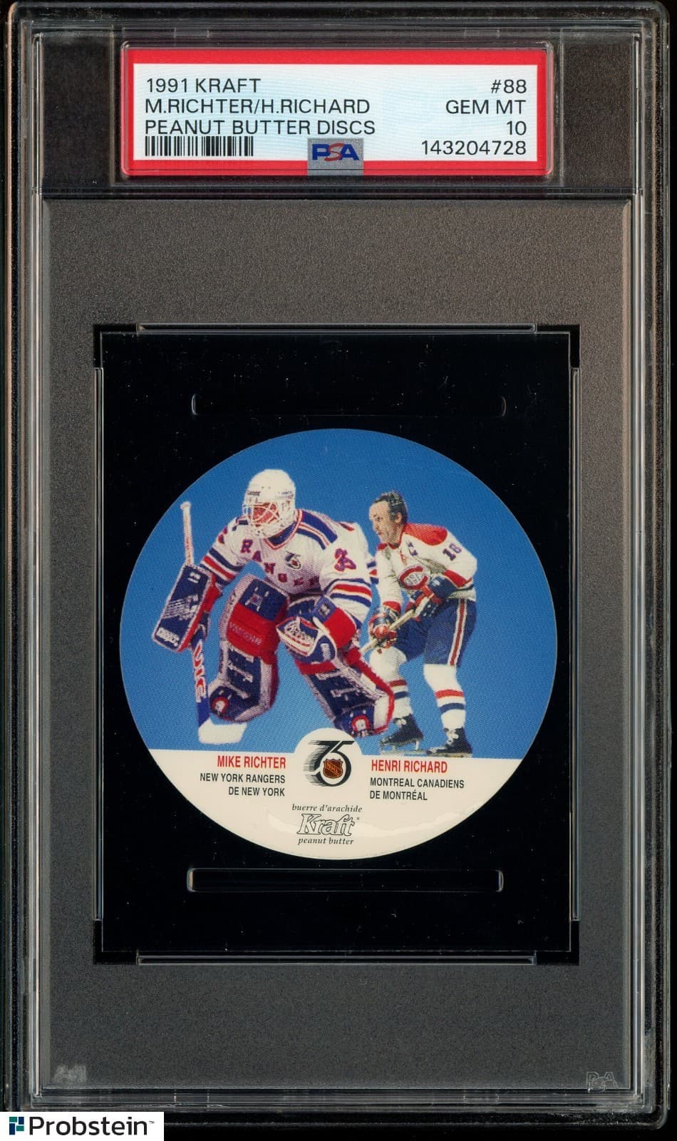 1991 Kraft Peanut Butter Discs Hockey #88 Mike Richter Henri Richard PSA 10