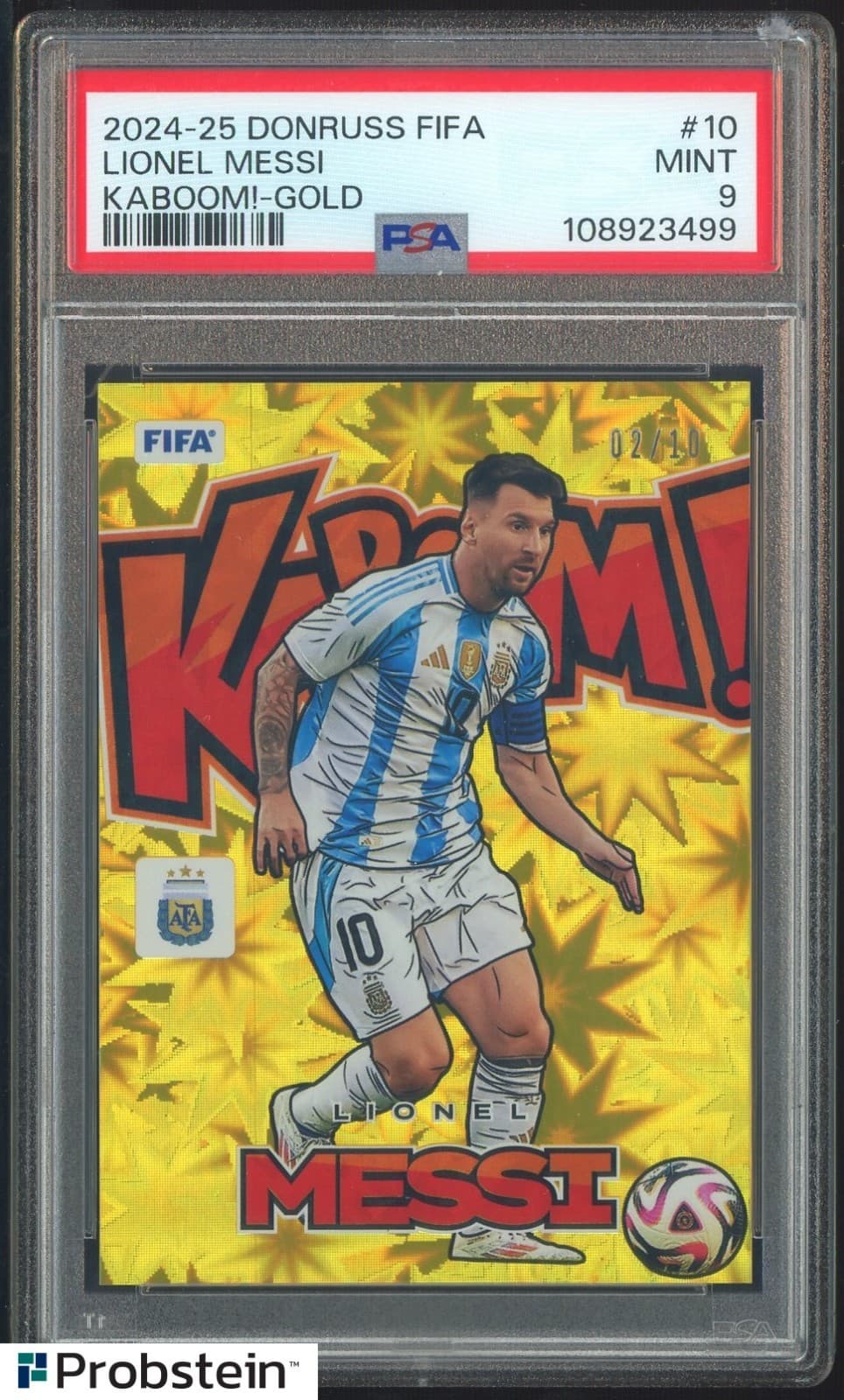 2024-25 Donruss Fifa Soccer KABOOM! Gold #10 Lionel Messi 2/10 PSA 9 MINT