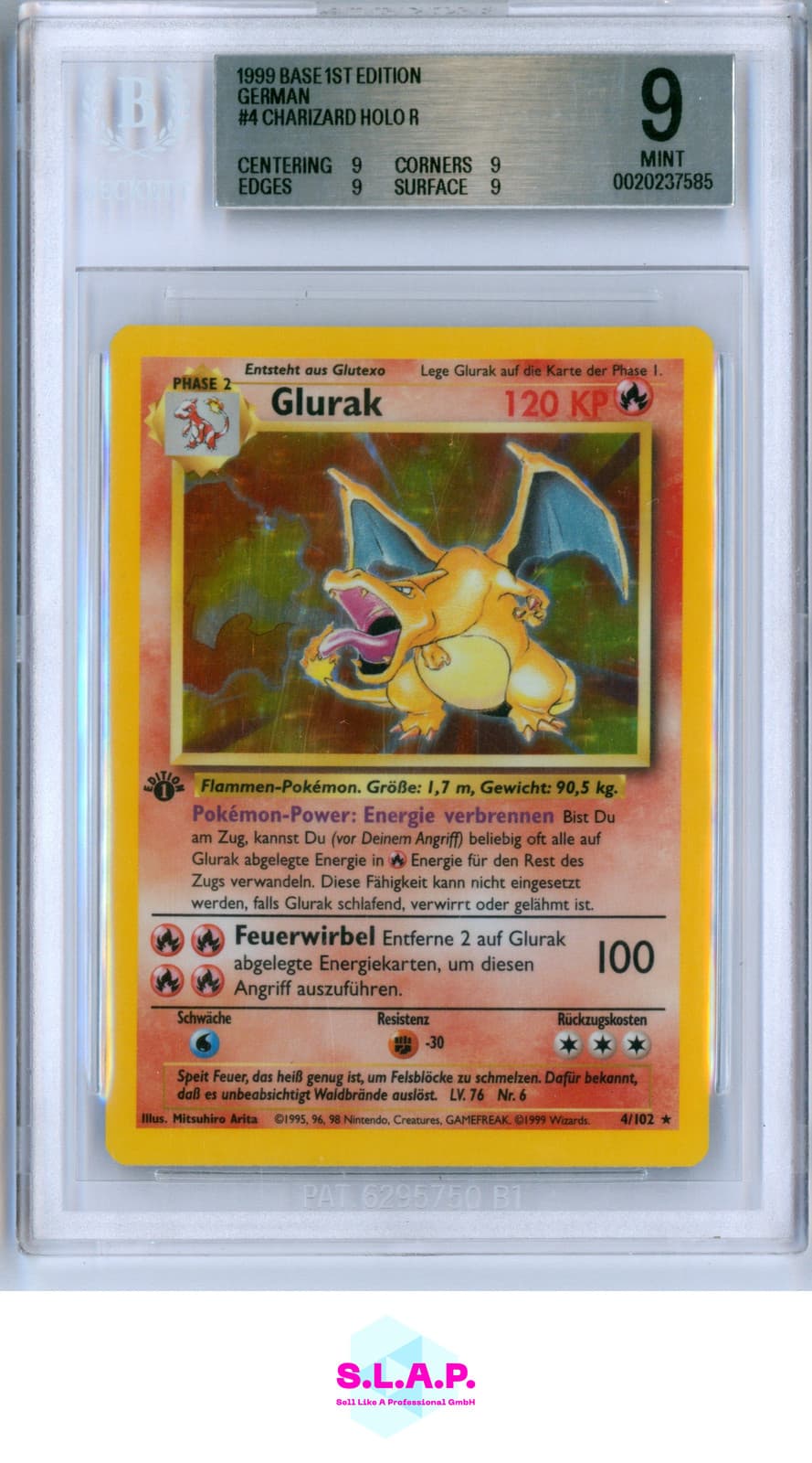 Charizard Holo Pokemon 1999 Base Set 1st Edition 4/102 German Bgs 9.0