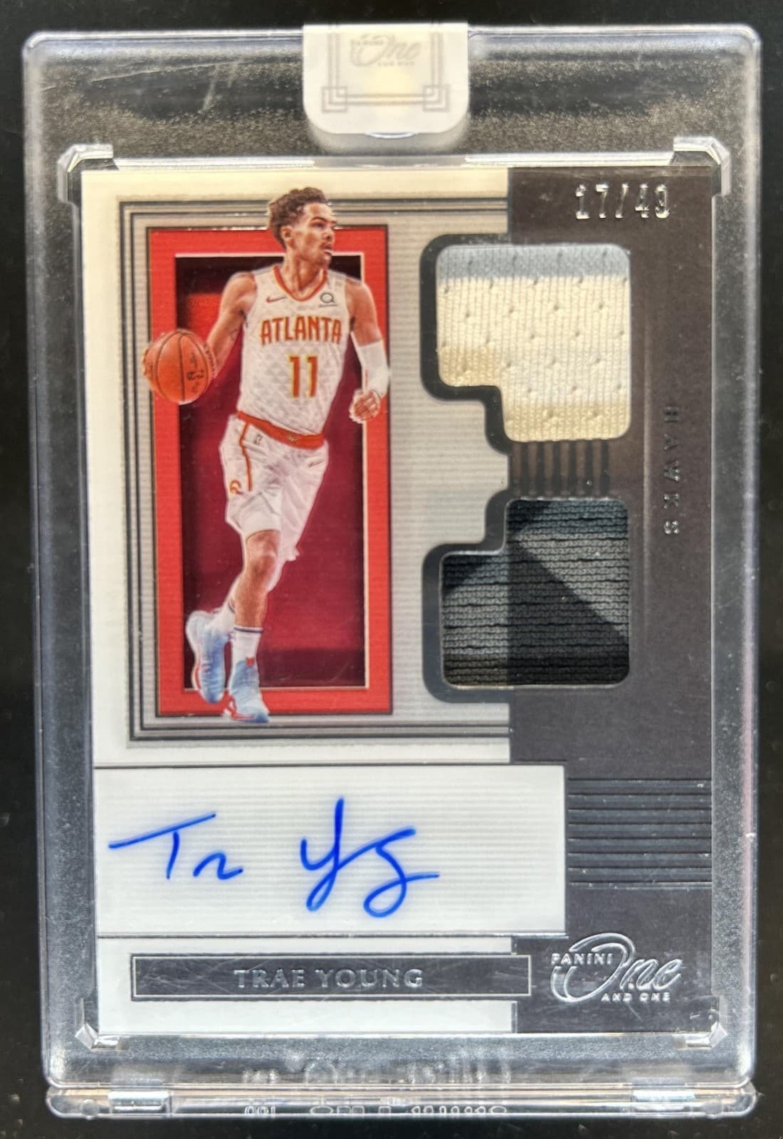 2019-20 Panini One and One Trae Young Dual Jersey Auto Autograph #/49 Hawks