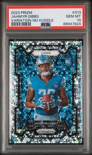 2023 Panini Prizm Jahmyr Gibbs Variation No Huddle Prizm Rookie #313 PSA 10