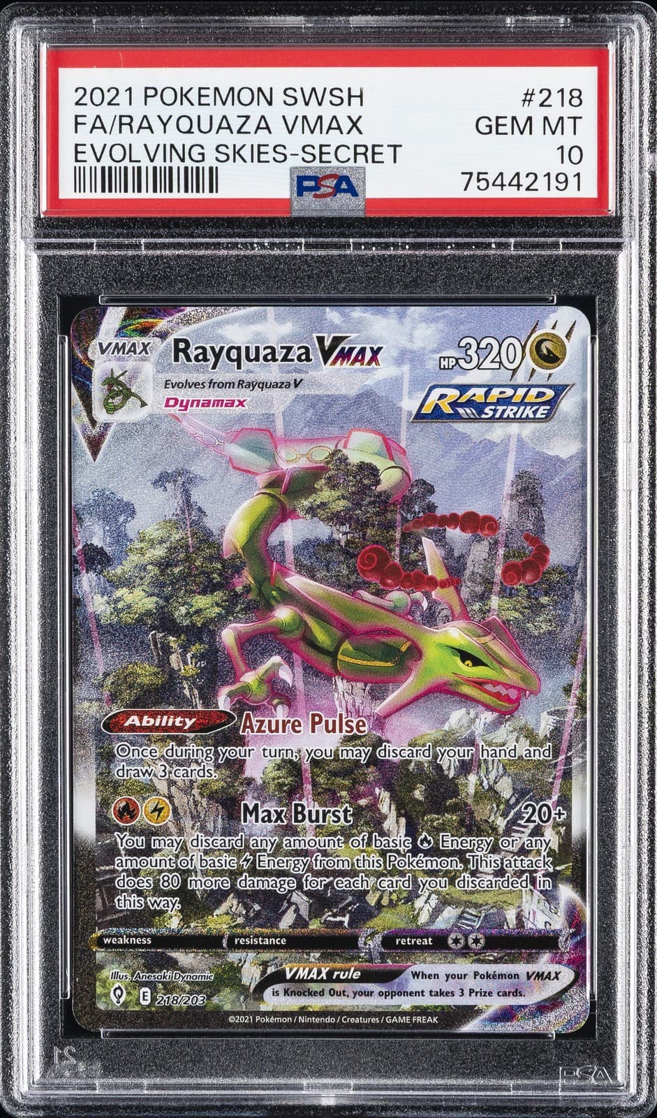 2021 POKEMON SWORD & SHIELD EVOLVING SKIES SECRET FULL ART/RAYQUAZA VMAX PSA 10