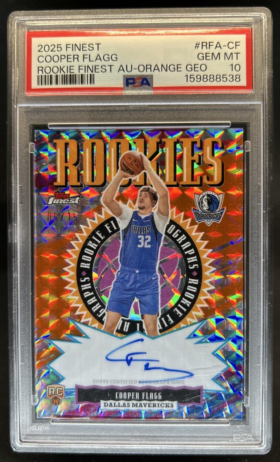 2025-26 Topps Finest Cooper Flagg Rookie Auto RC Orange Geometric #/15 PSA 10