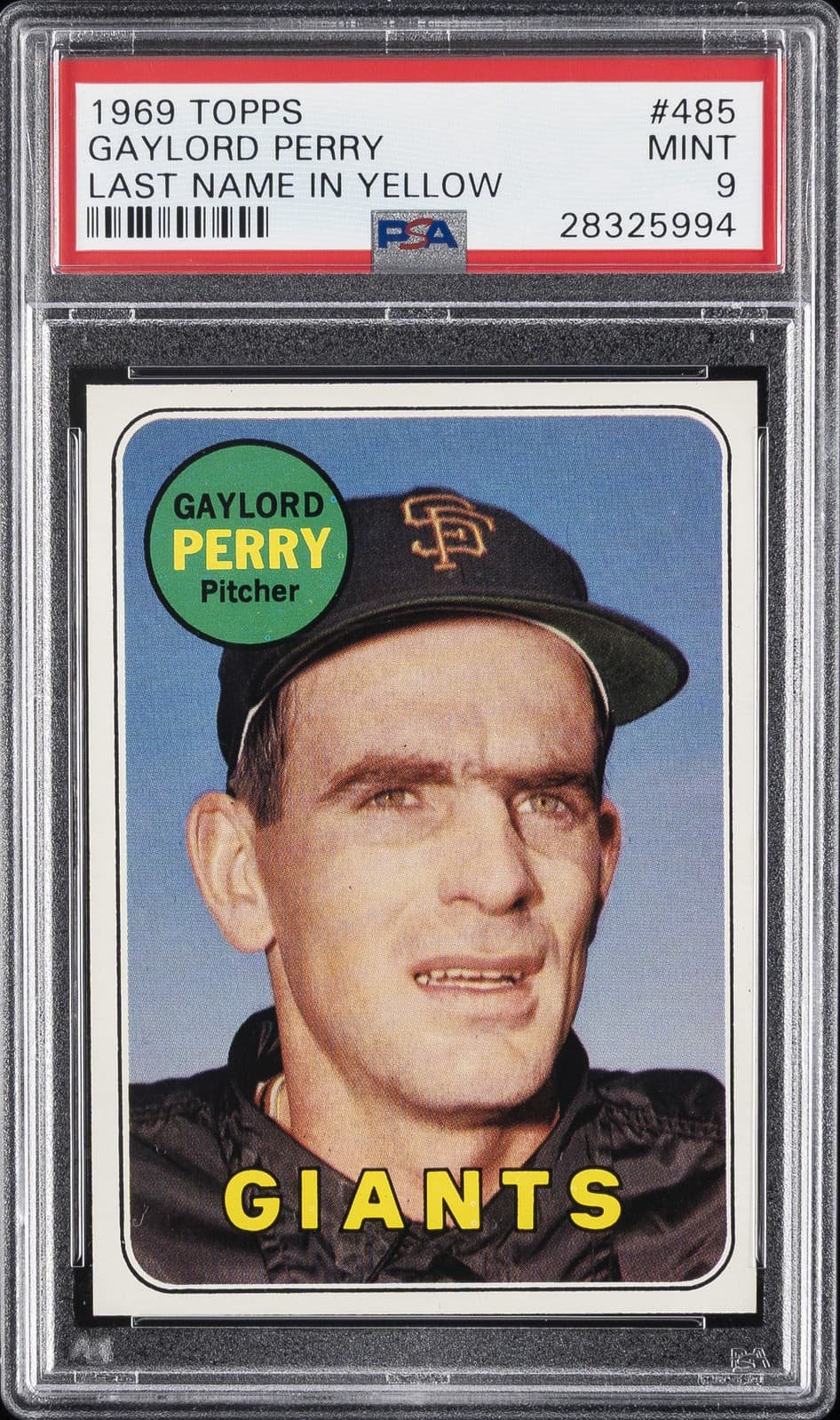 1969 TOPPS LAST NAME IN YELLOW #485 GAYLORD PERRY PSA 9