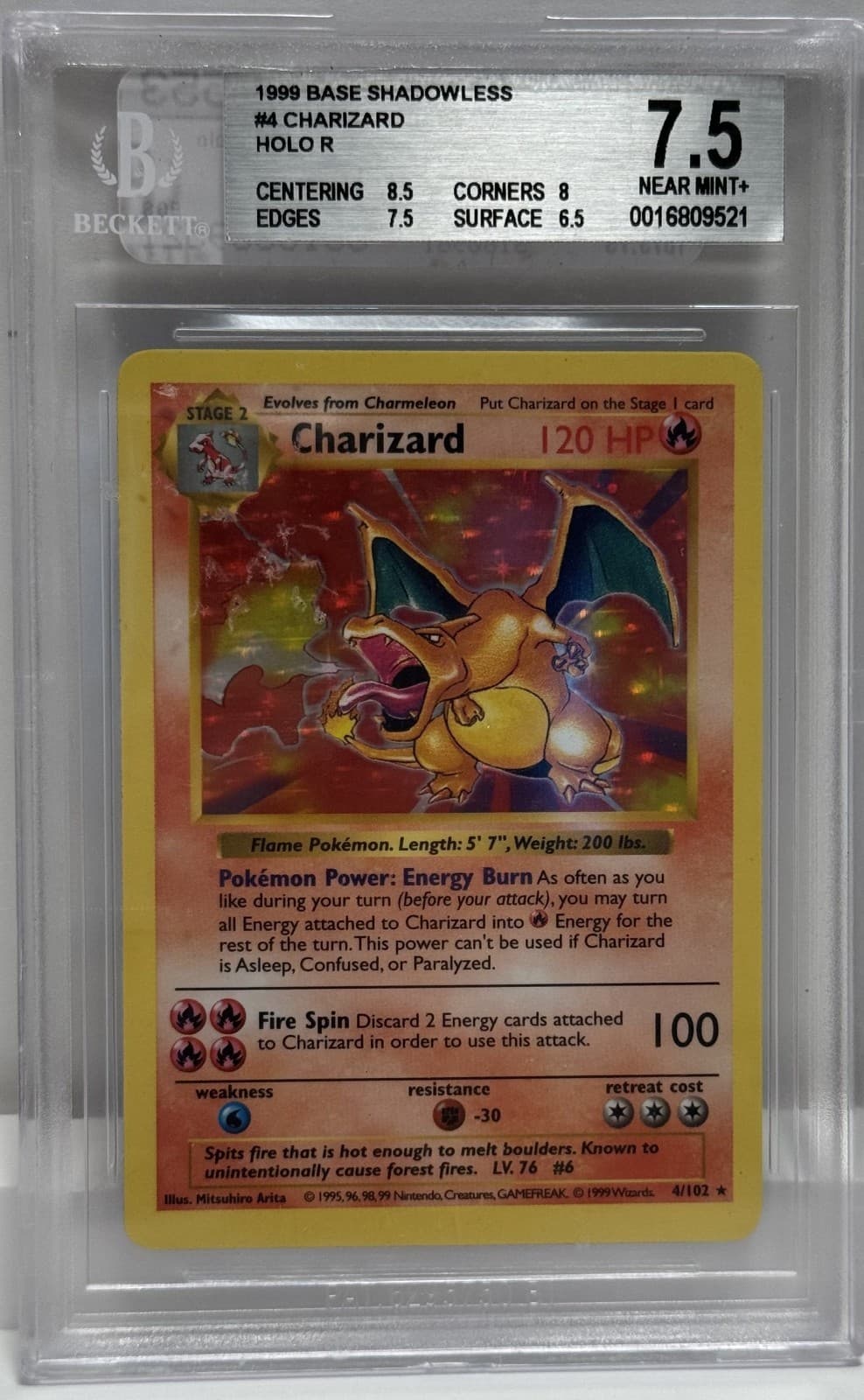 1999 Pokemon Shadowless #4 Charizard - Holo R BGS 7.5 Near Mint