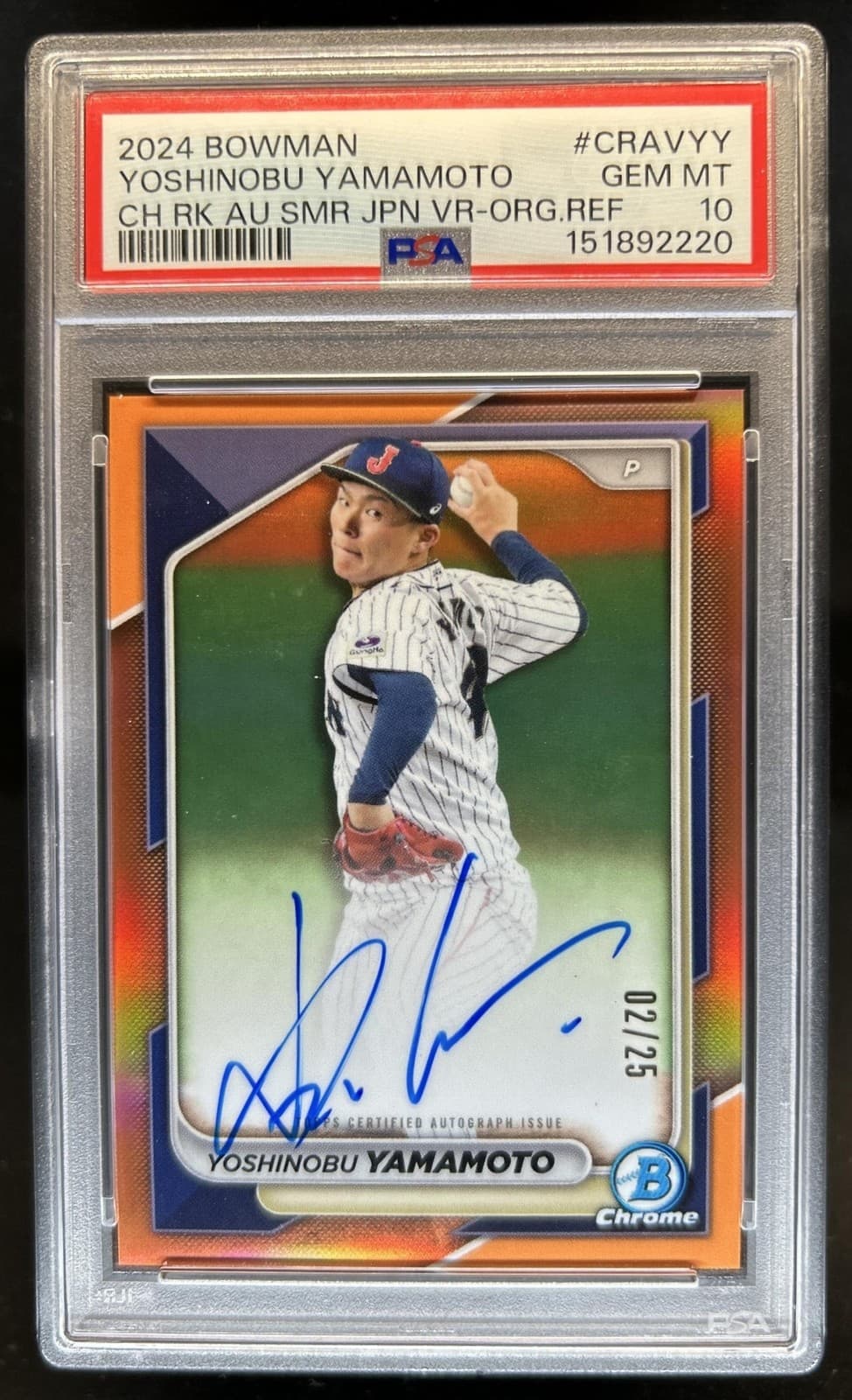 2024 Bowman Yoshinobu Yamamoto Chrome RC Auto Samurai Japan SP Orange /25 PSA 10