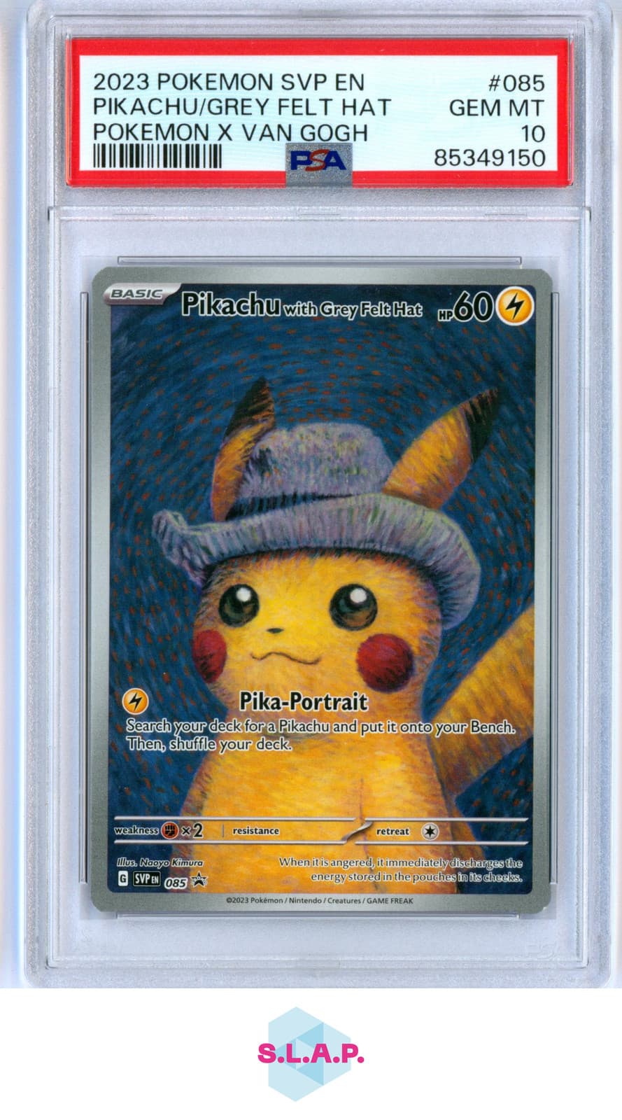 PIKACHU/GREY FELT HAT POKEMON X VAN GOGH SVP EN BLACK STR PRM 2023 085 PSA 10