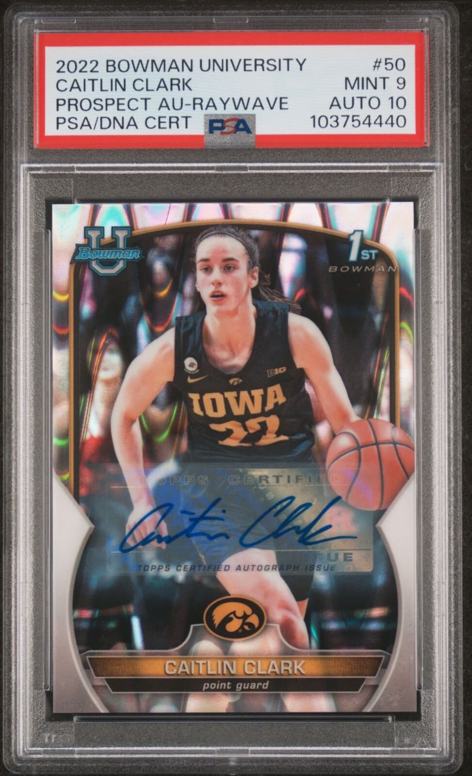 2022-23 Bowman U Chrome Caitlin Clark /199 Auto 10 RayWave Refractor PSA 9