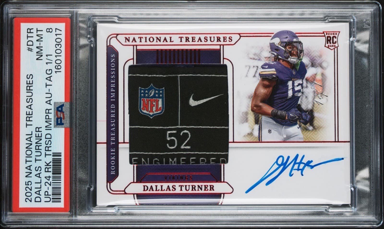 2025 National Treasures Dallas Turner NFL Shield Nike Tag Auto 1/1 PSA 8 RC