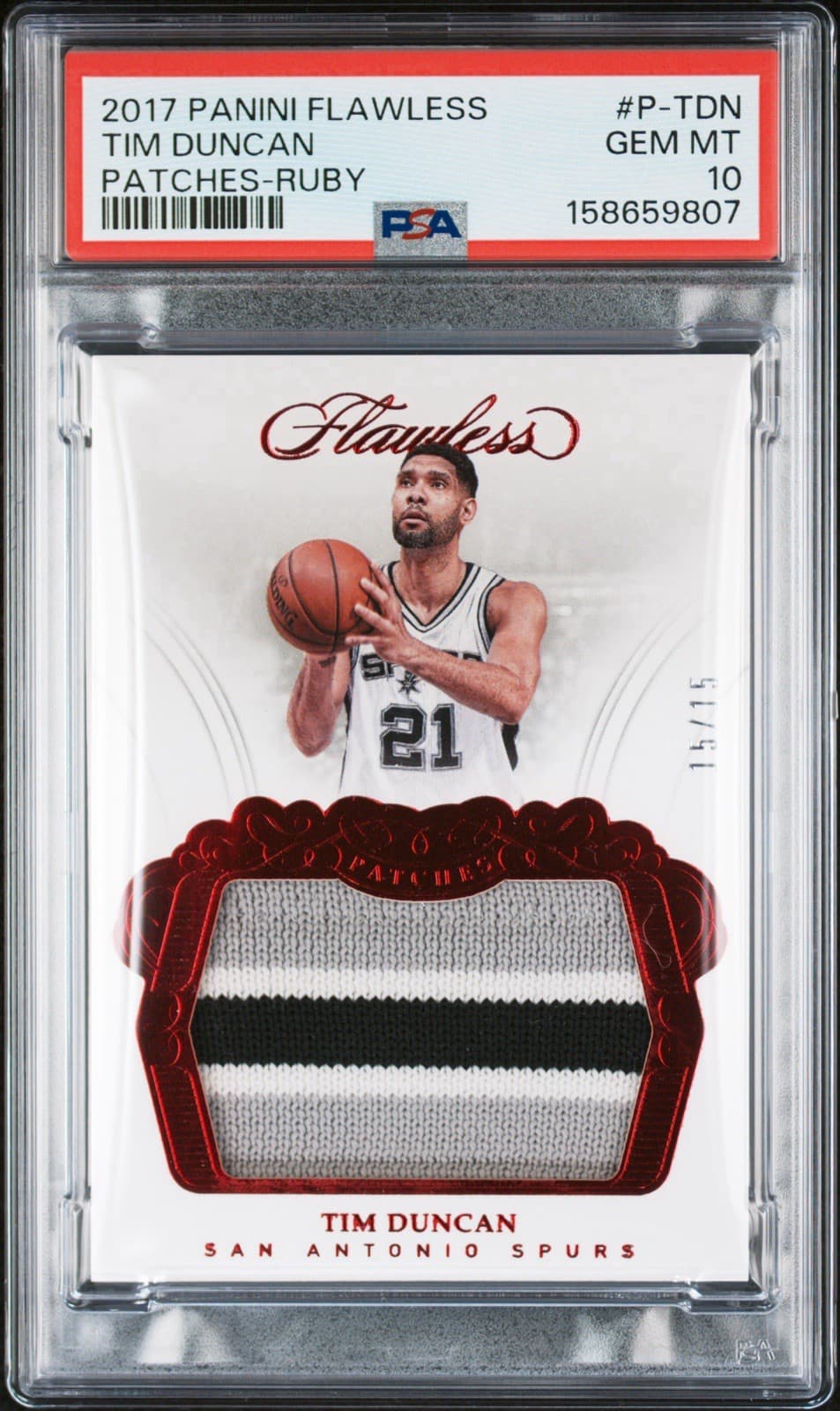 Panini 2017-18 Flawless Tim Duncan Spurs Patches Ruby P-TDN Patch /15 PSA 10