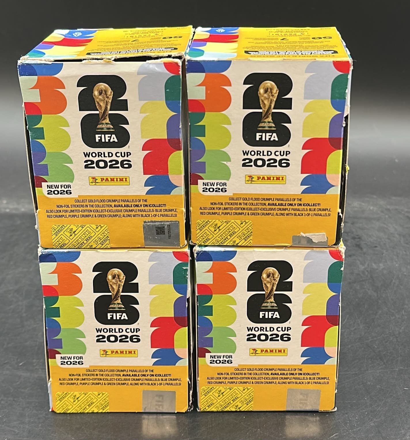 Panini FIFA World Cup 2026 Online Exclusive Gold Crumple Sticker LOT of (4) Box