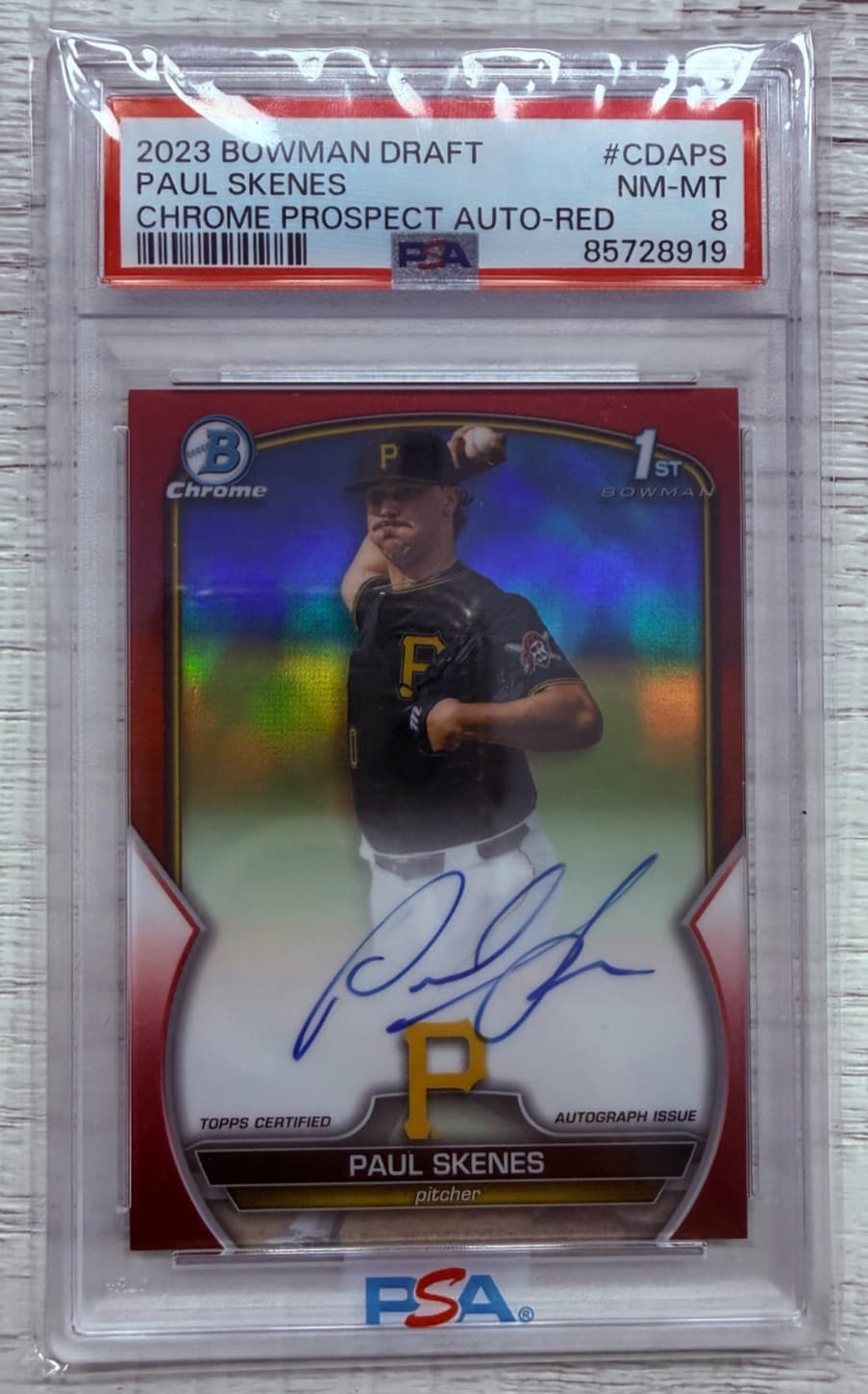 2023 Bowman Chrome Red Refractor Paul Skenes RC Rookie ON CARD AUTO 3/5 PSA 8
