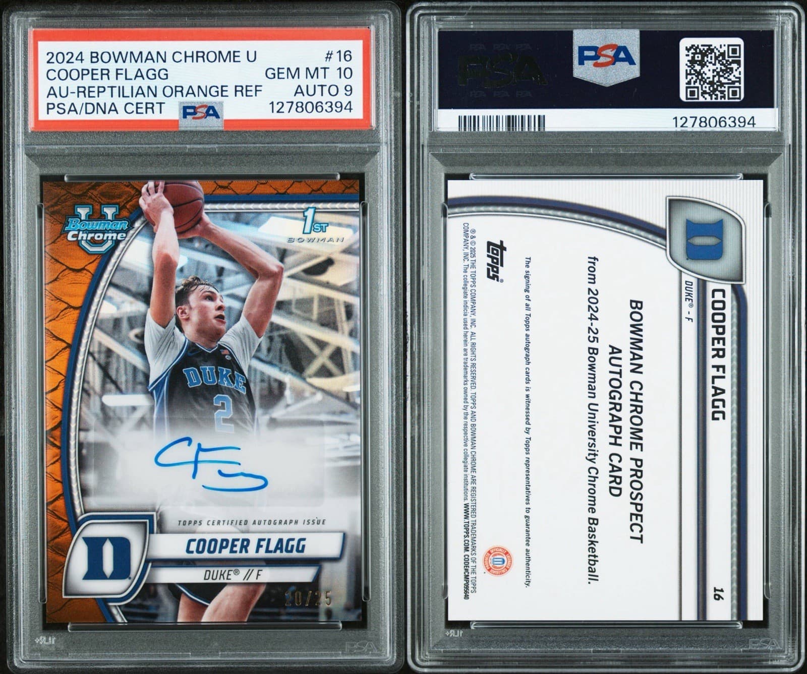Cooper Flagg 2024 Topps Chrome University 1st Bowman Auto Orange Ref /25 Psa10
