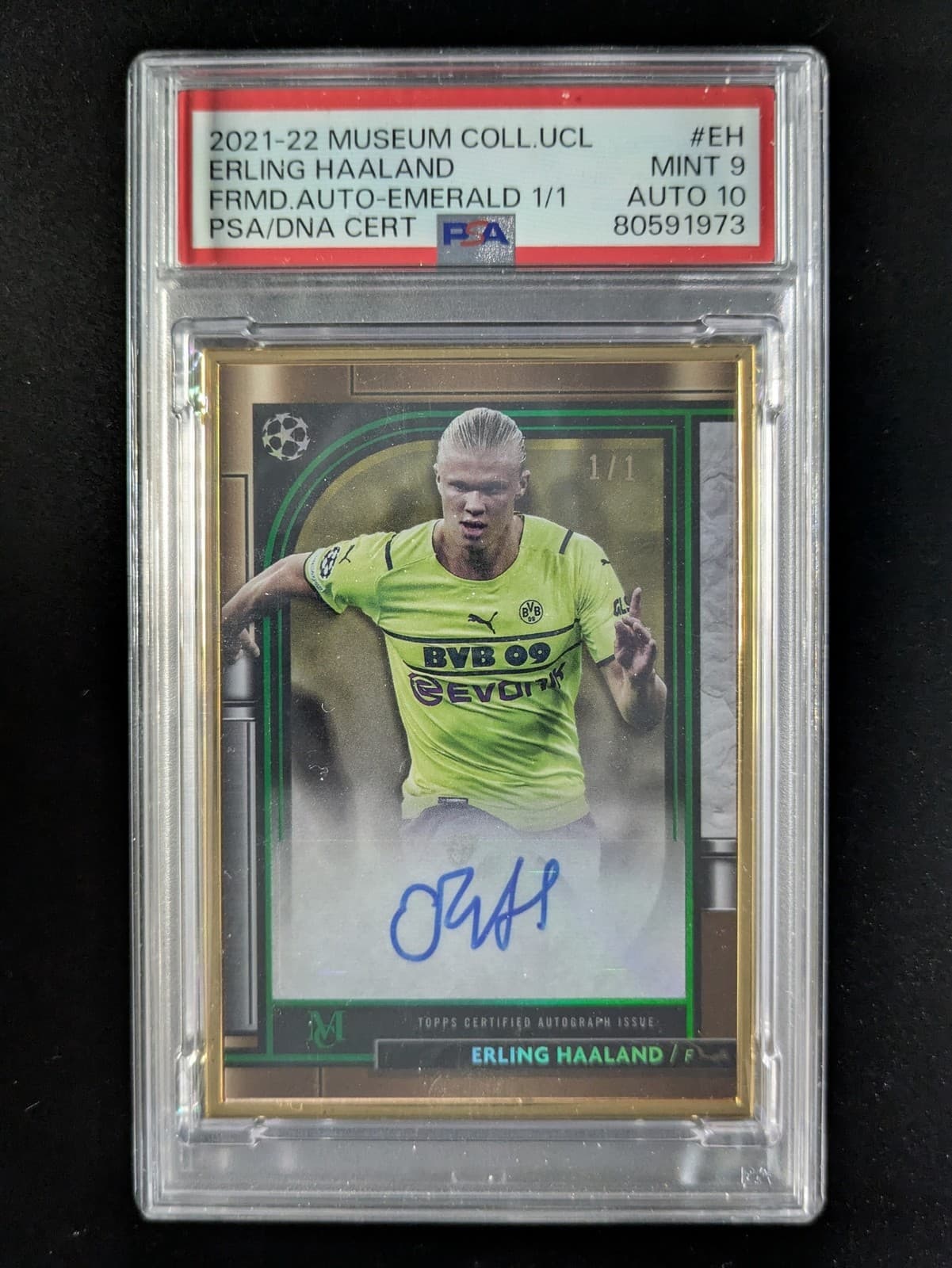 2021-22 Topps Museum Coll. ERLING HAALAND 1/1 Auto Emerald Framed #FA-EH PSA 9