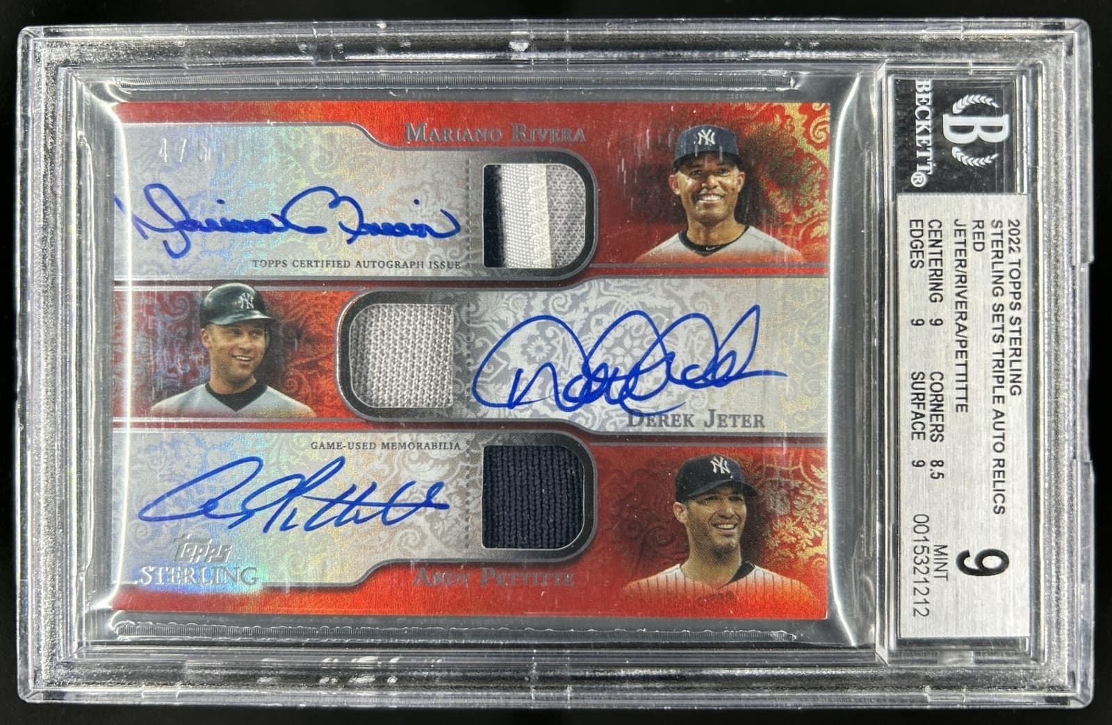 2022 Topps Sterling Derek Jeter Mariano Rivera Pettitte Patch Auto Red #/5 BGS 9