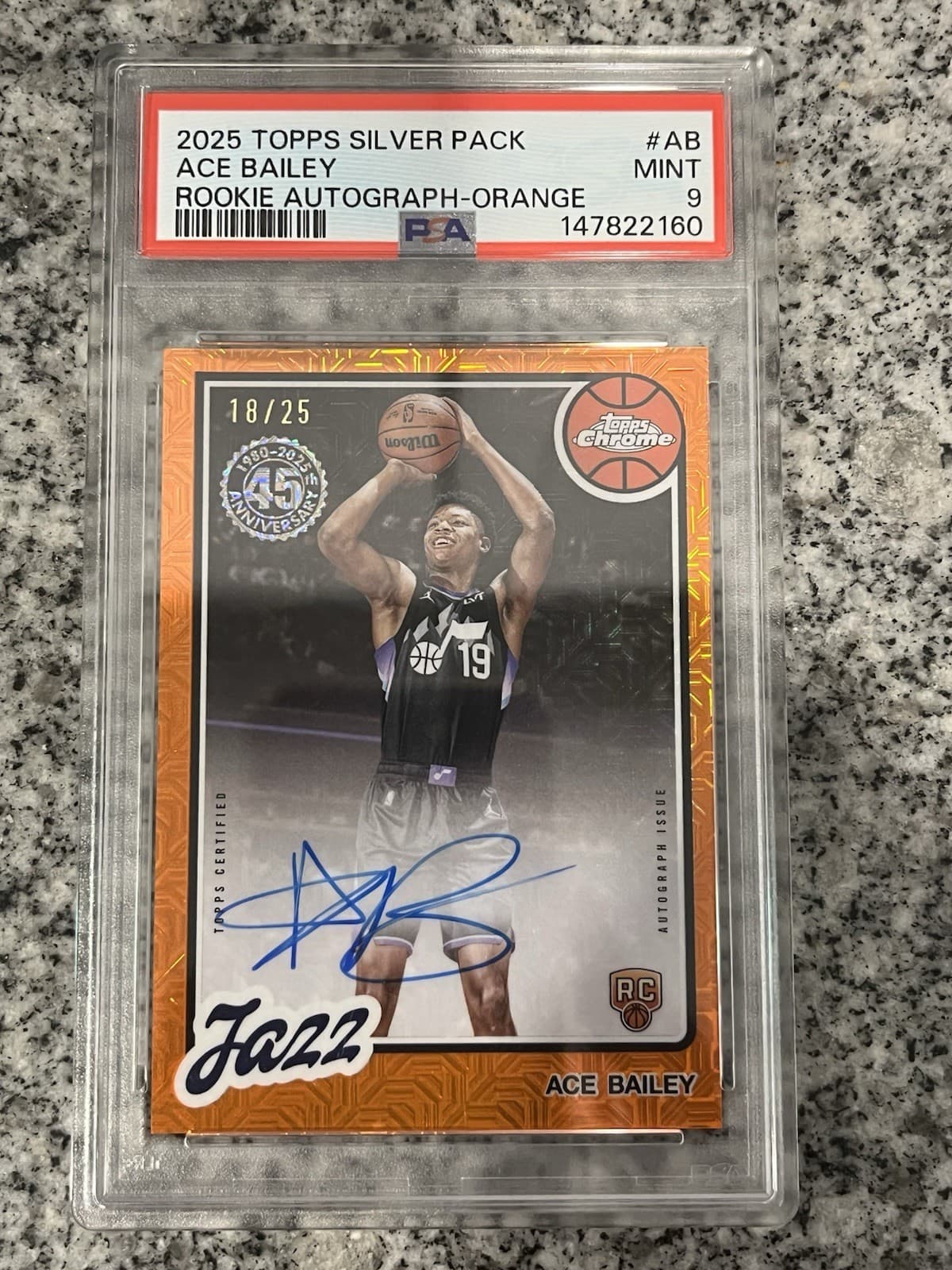 Topps 2025-26 Chrome Ace Bailey RC Auto Orange /25 TCAR-AB PSA 9