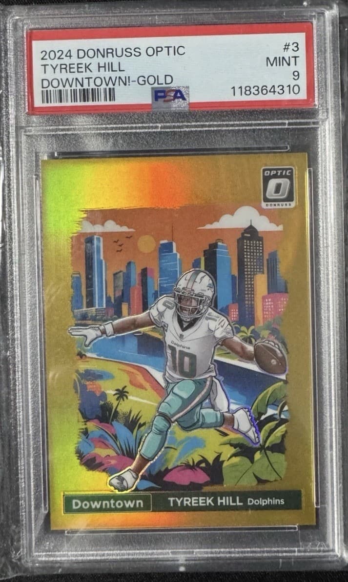 Panini 2024 Donruss Optic Downtown! Gold Prizm /10 Tyreek Hill #3 PSA 9
