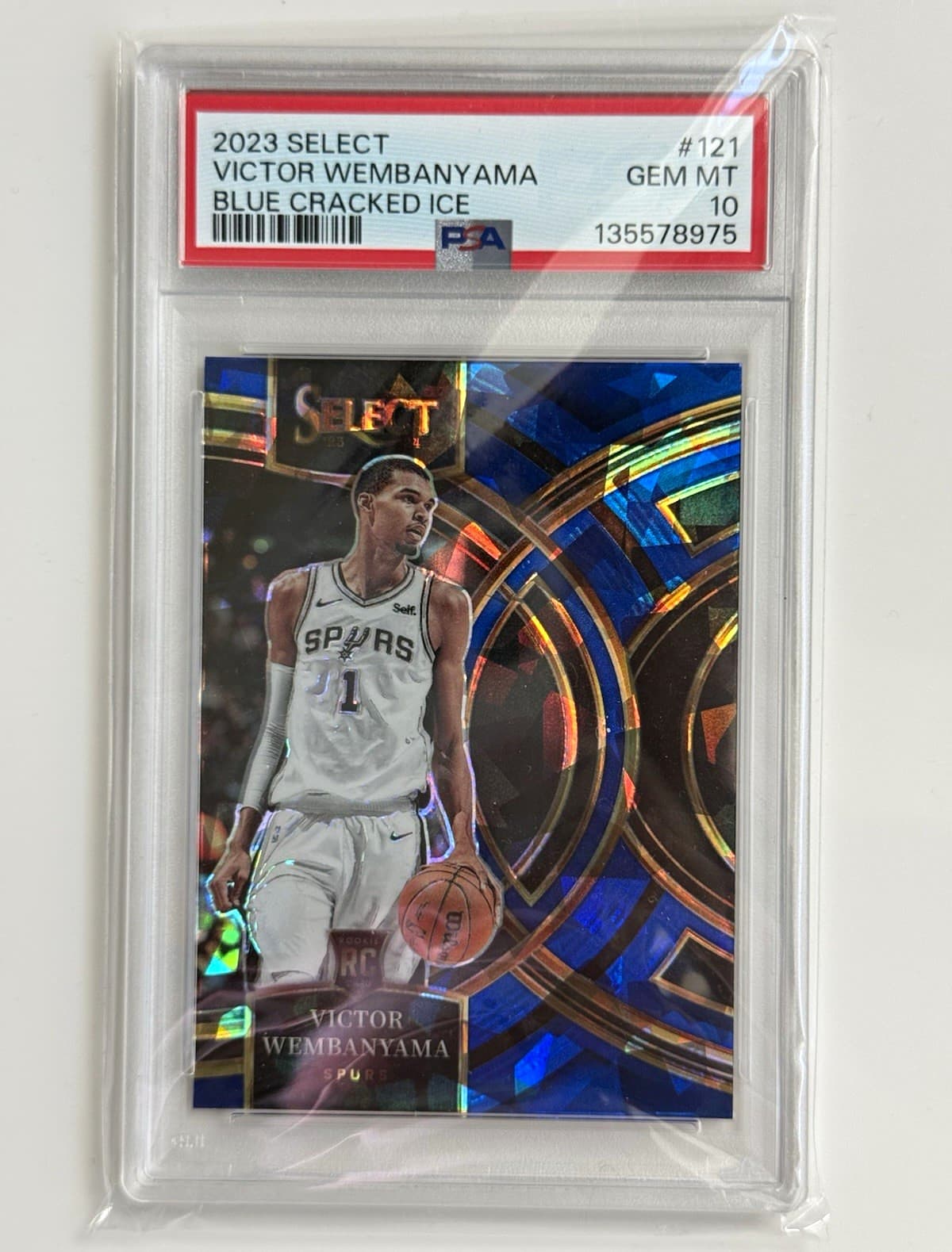 Panini Select Premier Level Wembanyama #121 Blue Cracked Ice RC PSA 10