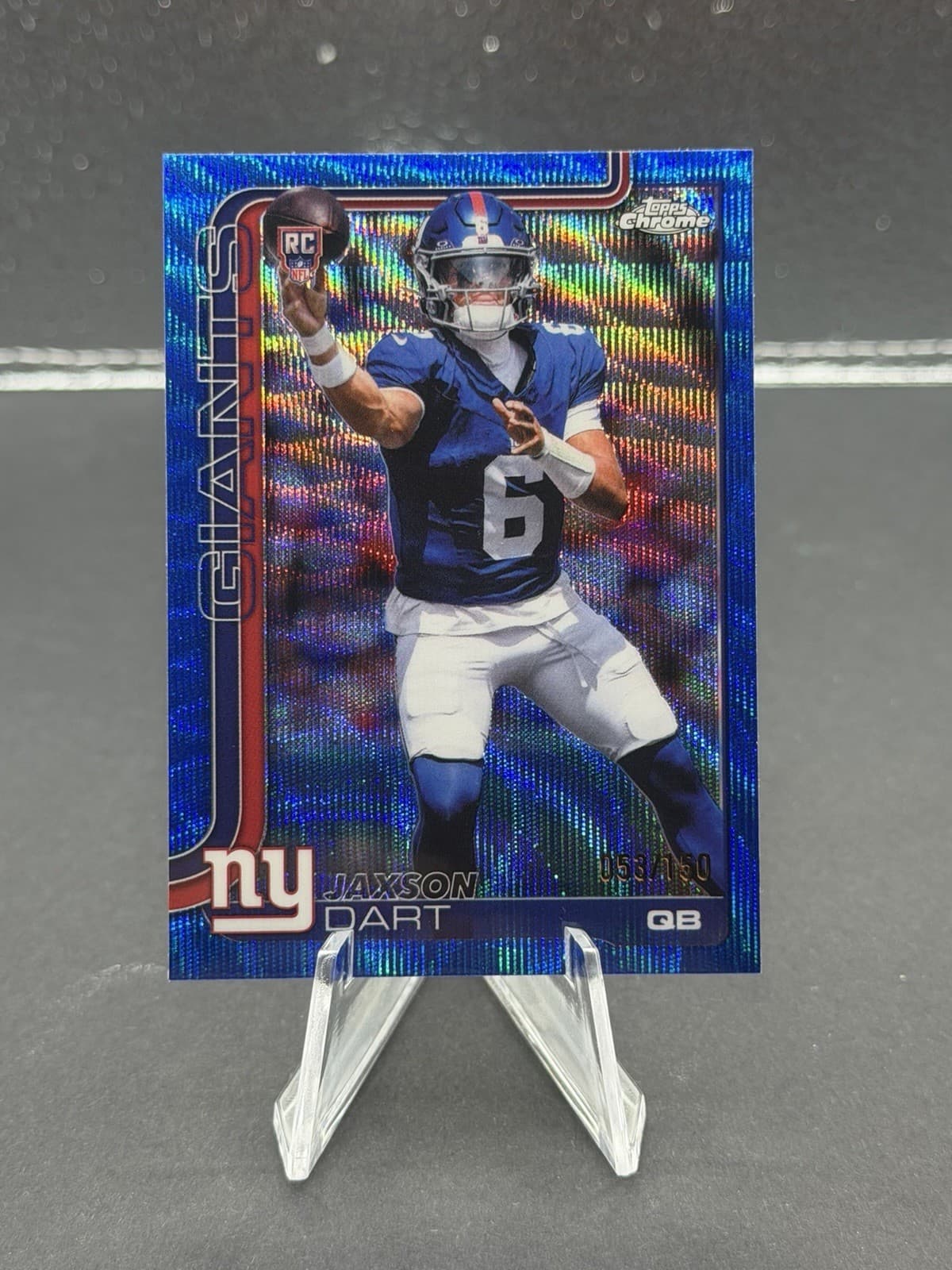 2025 Topps Chrome Football Jaxson Dart Blue Wave Refractor Rookie /150