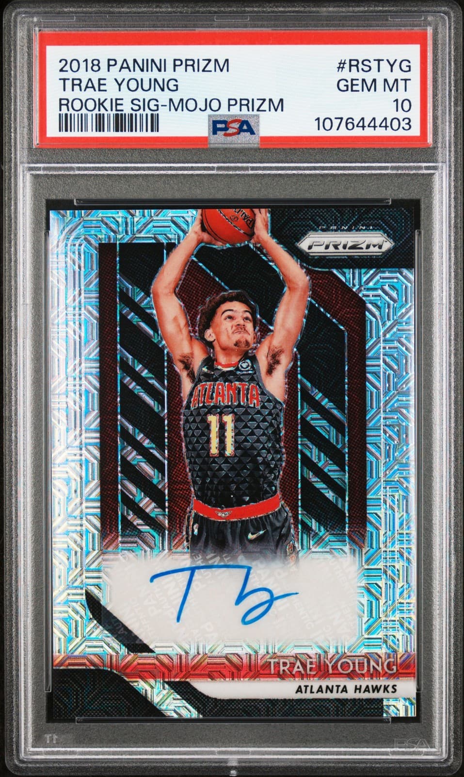 2018 PANINI PRIZM RC SIGNATURES MOJO PRIZM #RSTYG TRAE YOUNG 12/25 PSA 10 AUTO