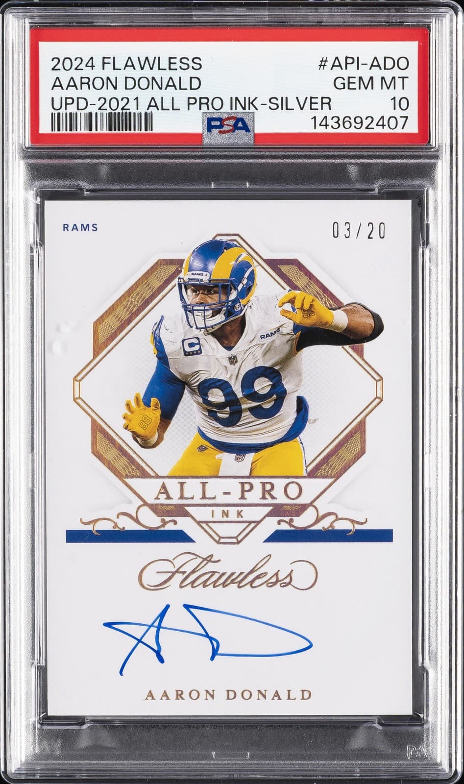 2024 PANINI FLAWLESS UPDATE 2021 ALL PRO INK #API-ADO AARON DONALD 3/20 PSA 10
