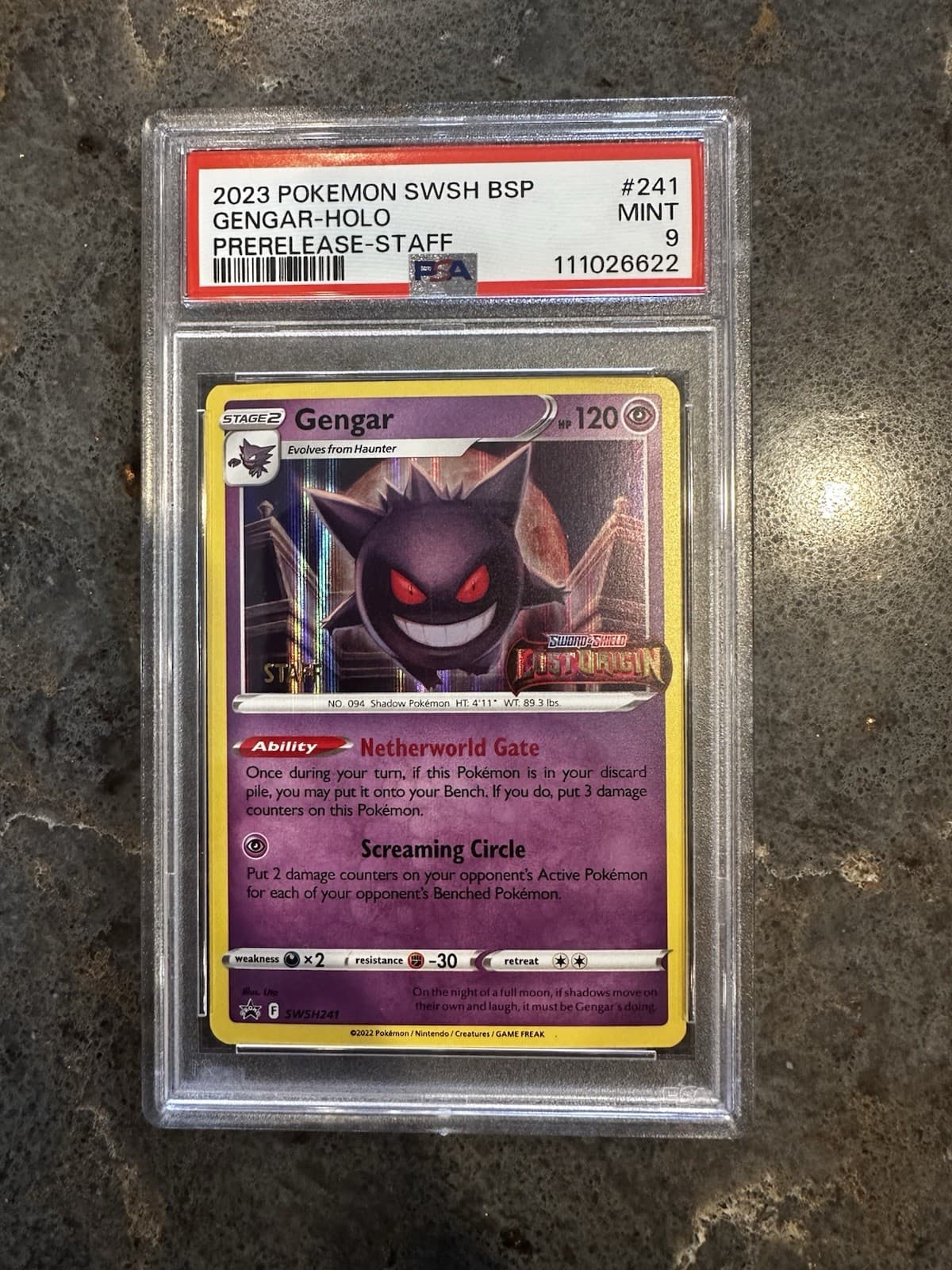 Super Rare 2023 POKEMON SWSH BLACK STAR PROMO PRERELEASE-STAFF #241 GENGAR PSA 9