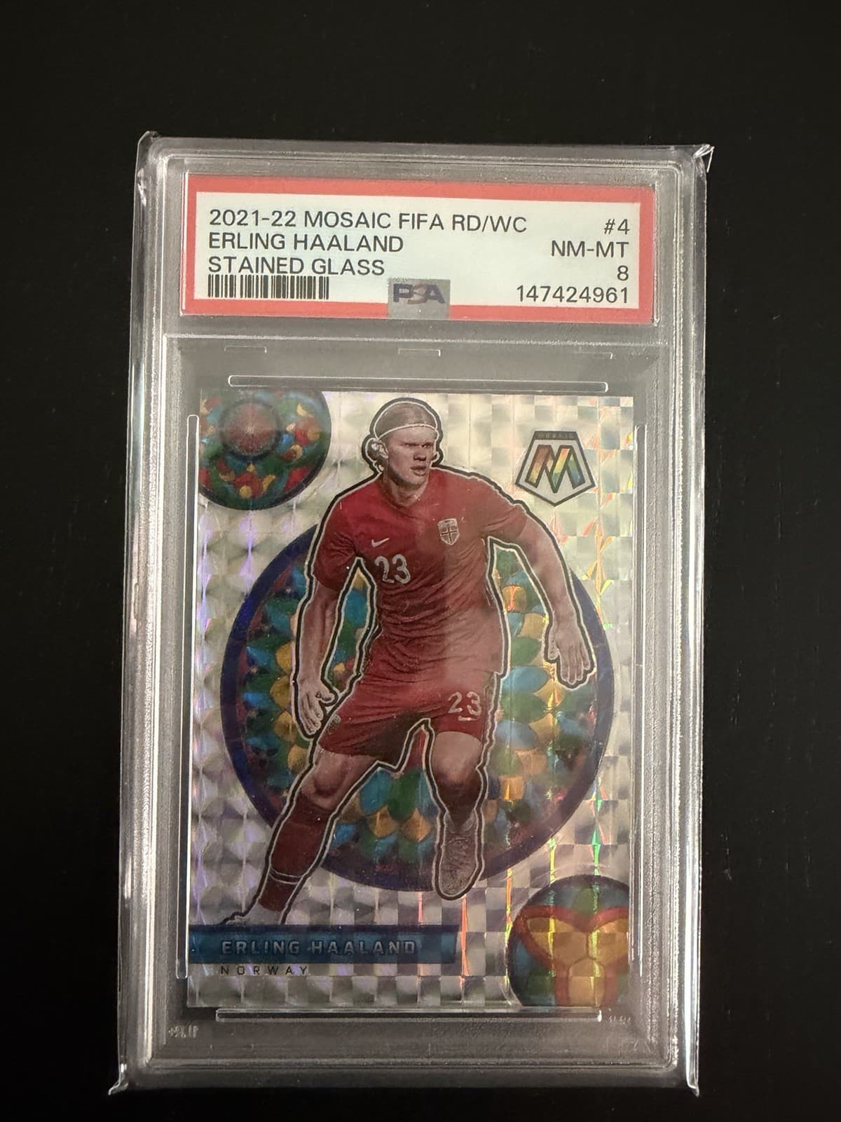 2021-22 Panini Mosaic FIFA Road to World Cup Erling Haaland Stained Glass PSA 8