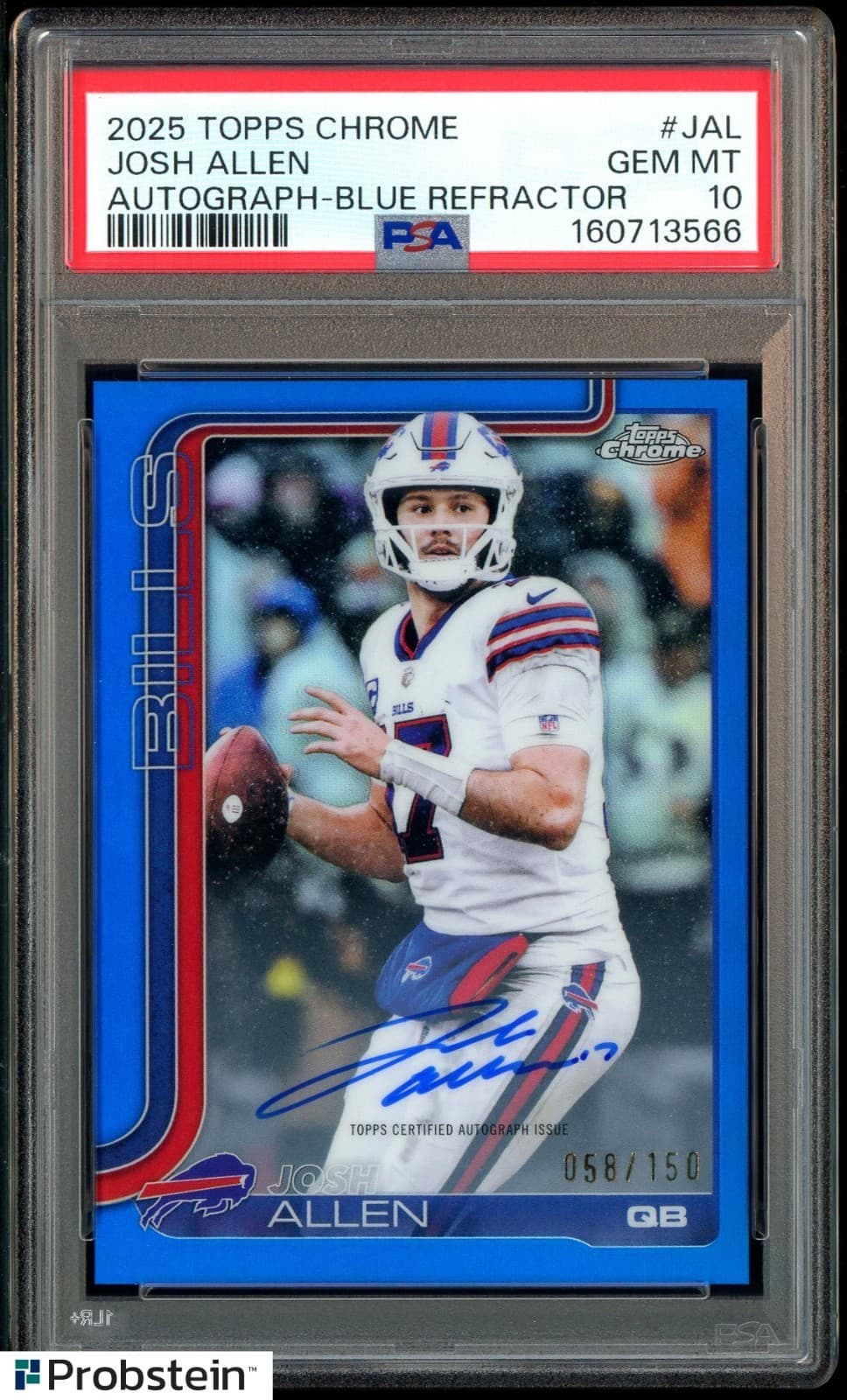 2025 Topps Chrome Blue Refractor Josh Allen Bills ON CARD AUTO 58/150 PSA 10