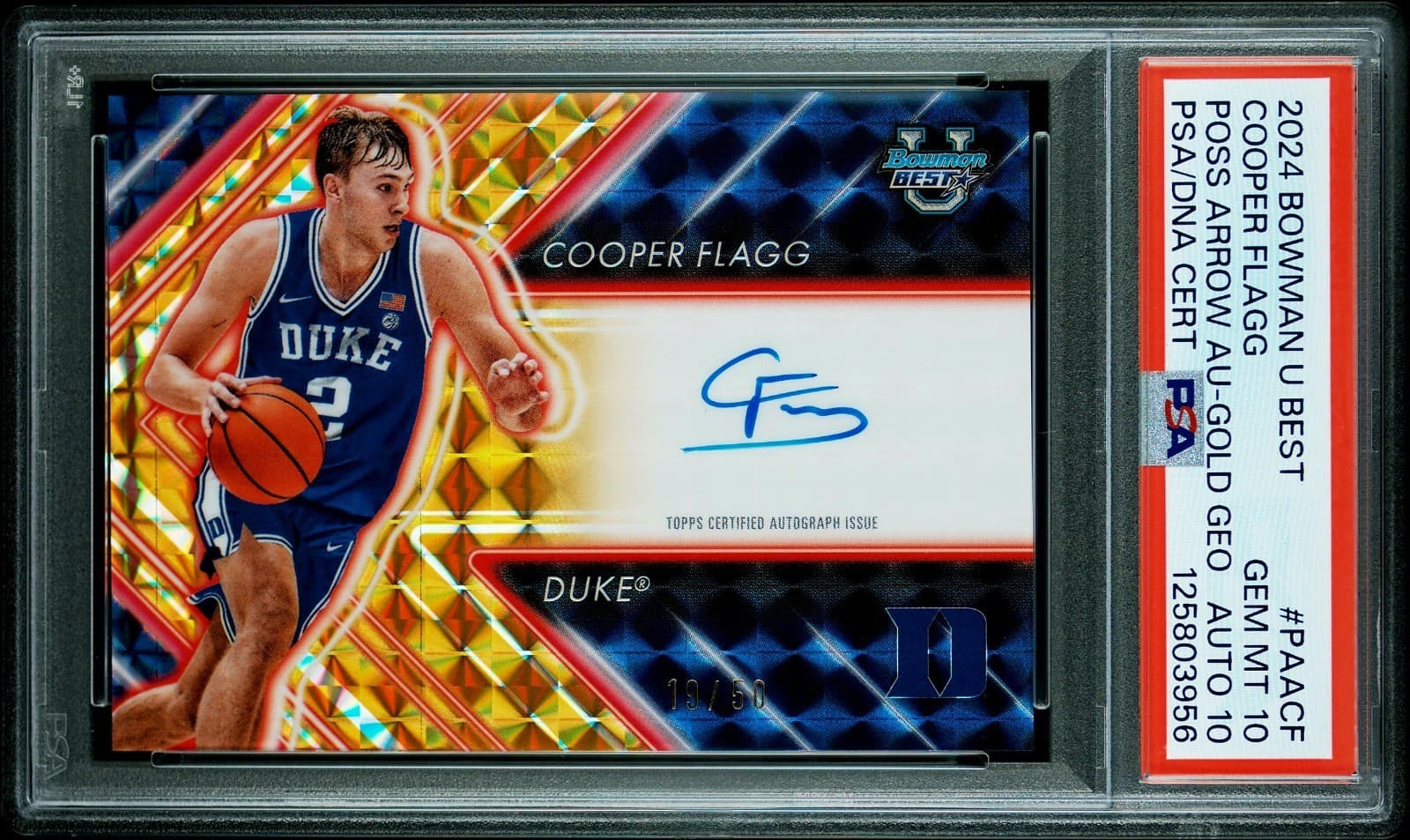 PSA 10 Auto 10. POP1 2024 BOWMAN UNIVERSITY COOPER FLAGG BEST AUTO GOLD GEO/50