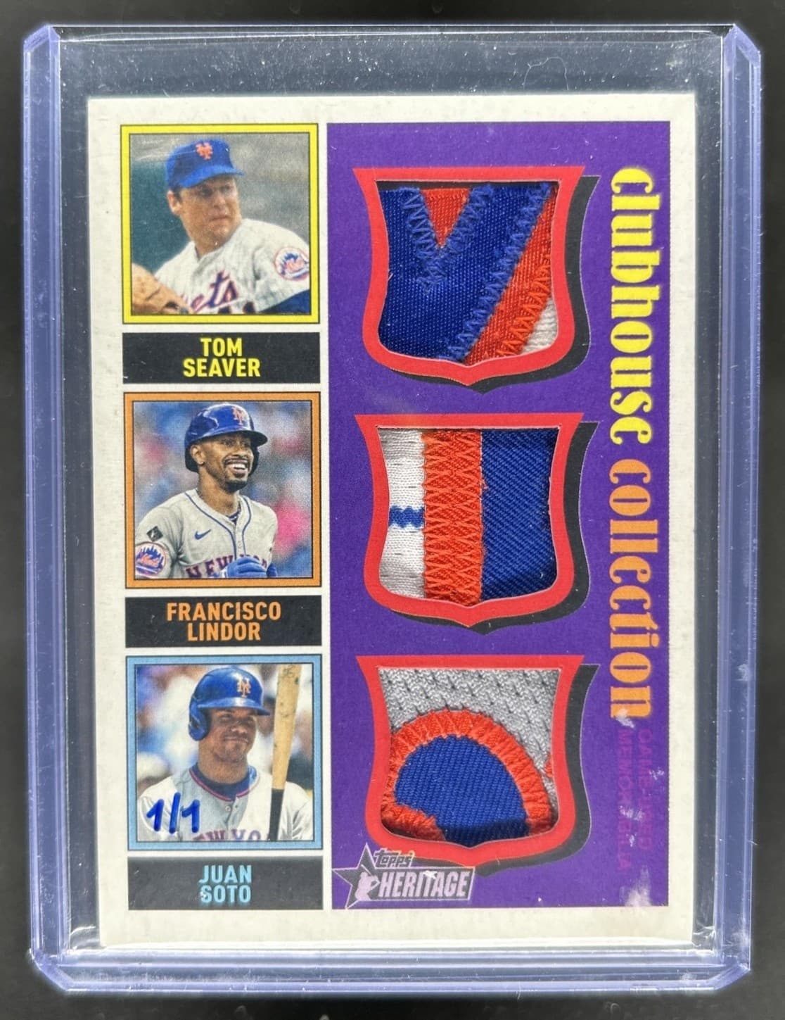 2025 Topps Heritage Francisco Lindor Tom Seaver Juan Soto Triple Patch #1/1