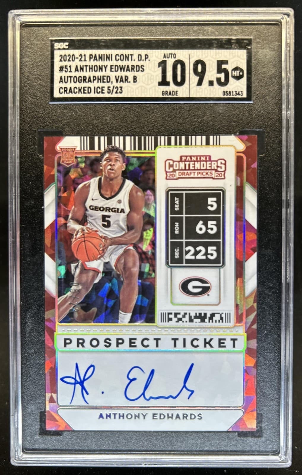 2020-21 Contenders Draft Anthony Edwards B SP Cracked Ice RC Auto #/23 SGC 9./10