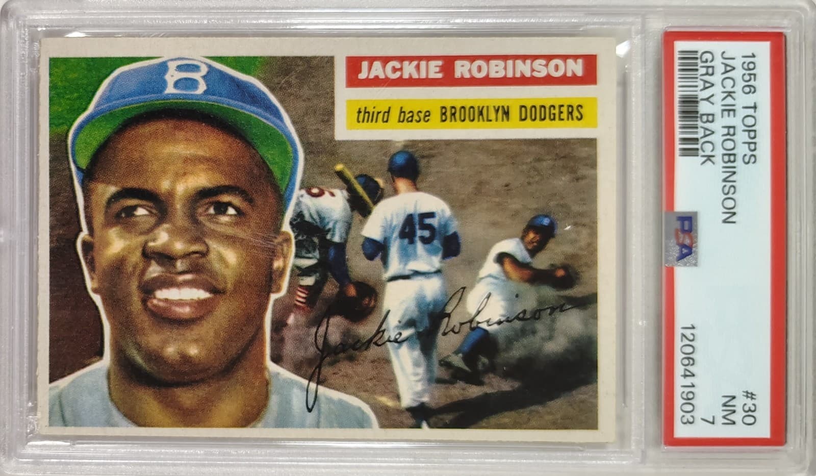 1956 TOPPS #30 JACKIE ROBINSON HALL OF FAME BROOKLYN * RARE GREY BACK! * PSA 7
