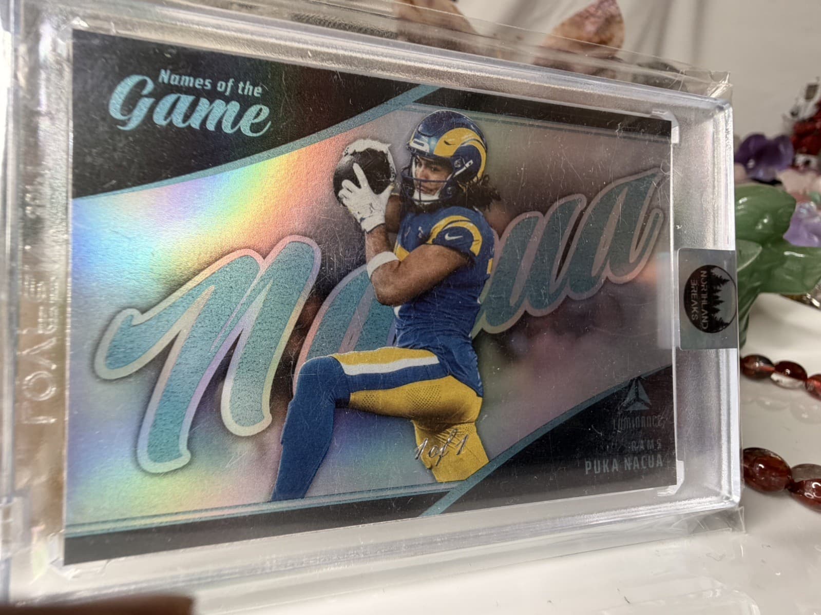 2025 Panini Luminance Puka Nacua #19 Names Of The Game Case Hit Platinum 1/1