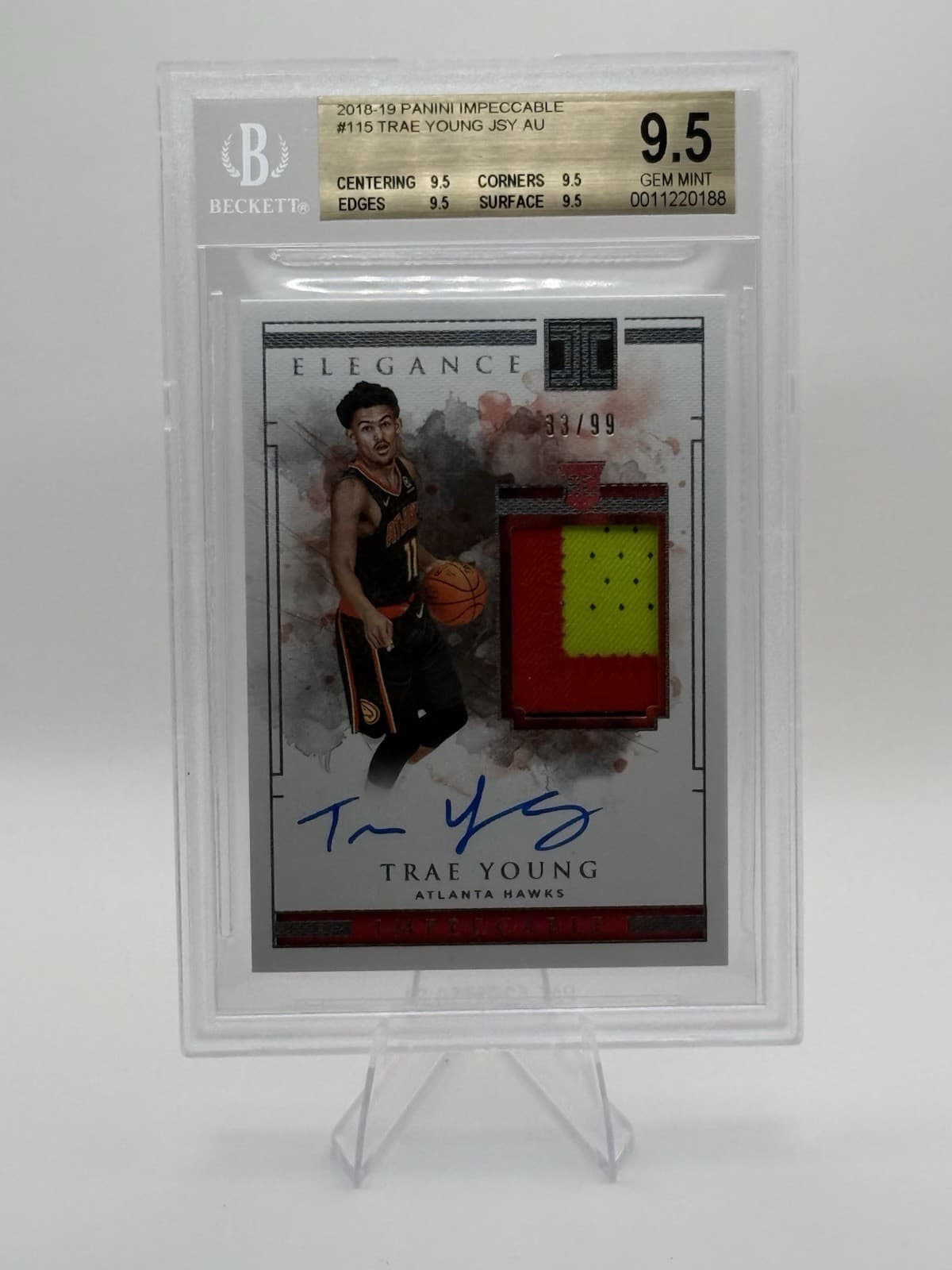 2018-19 Panini Impeccable Elegance Trae Young #115 RC Jersey Auto /99 BGS 9.5